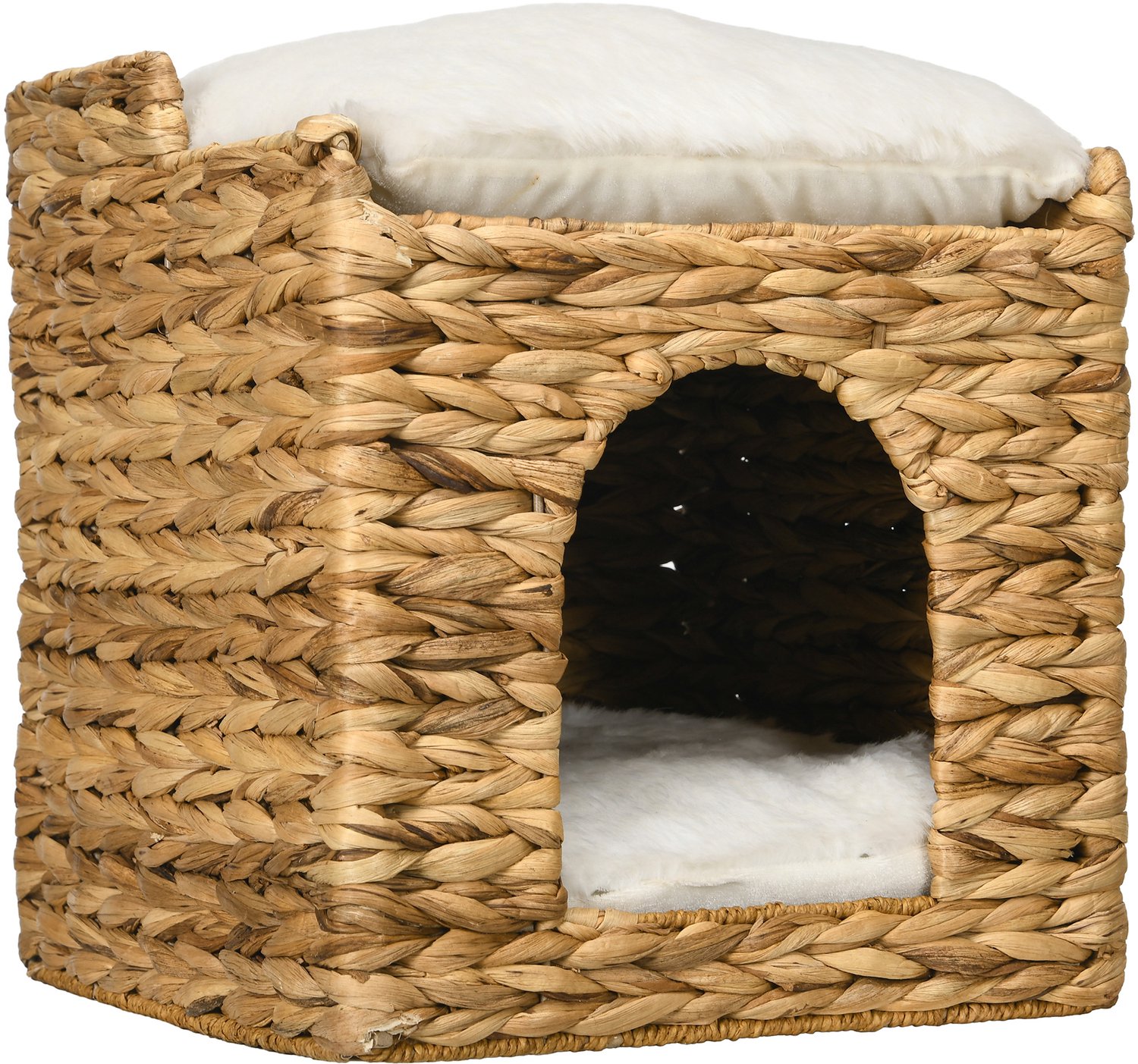 Pawona Kattenhuis van waterhyacint - Met 2 ligplekken en uitwasbare kussens - 37,5 x 37,5 x 41,5 cm - Bruin/Crèmewit
