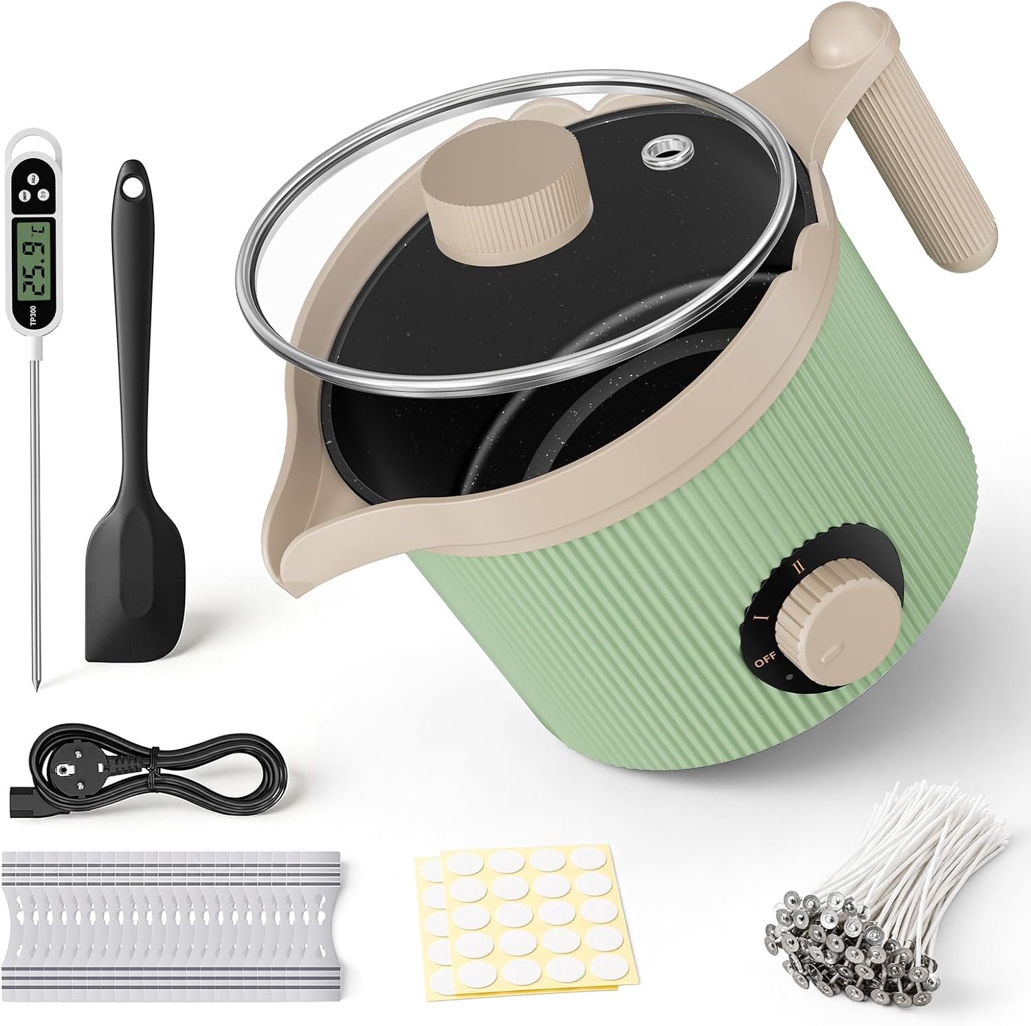 Wassmelter voor kaarsen, elektrisch, 1,8 l, waxsmelter voor reparatieset, lonten, lontstickers, centreerapparaat, roerlepel inbegrepen, waseter voor doe-het-zelf gietvormen, Kerstmis (groen)