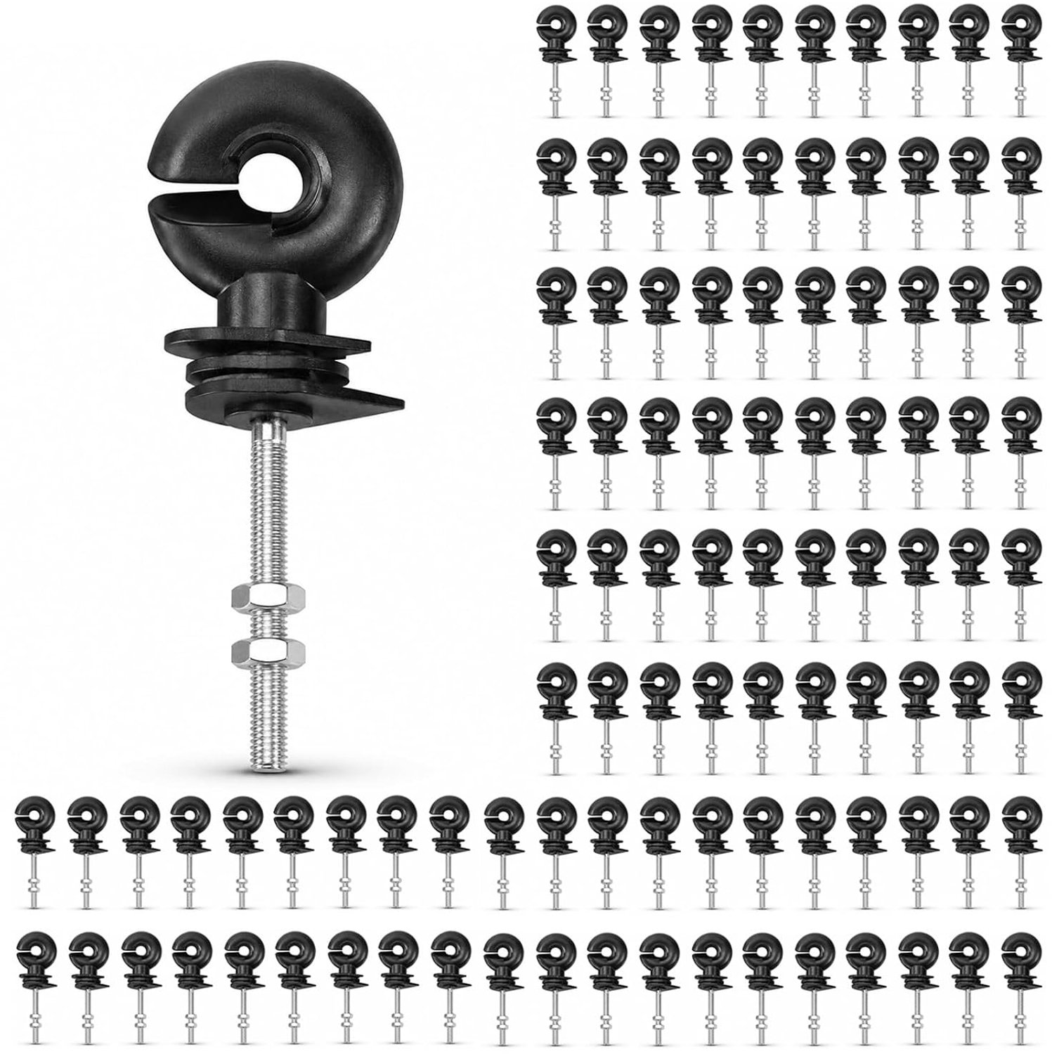 100 Stuks Weideafrastering Isolatoren M6 x 90 mm, Ringisolatoren voor Elektrische Afrastering en Houten Palen, Geschikt voor Draad, Koord en Touw tot 12 mm, Begin-, Rechte- en Hoekisolator, Zwart