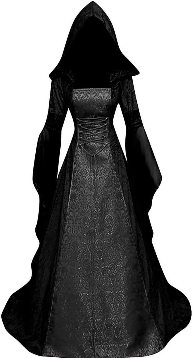 Halloweenkostuum voor dames, middeleeuwse renaissance met capuchon, kleding, gothic, jurk, Victoriaans, carnaval, jurken, cosplay kostuum (zwart, M)