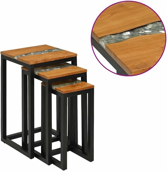 Set van 3 nesttafels van massief teakhout, bijzettafels met kunsthars en glas, ruimtebesparende salontafels voor de woonkamer — afbeelding 4