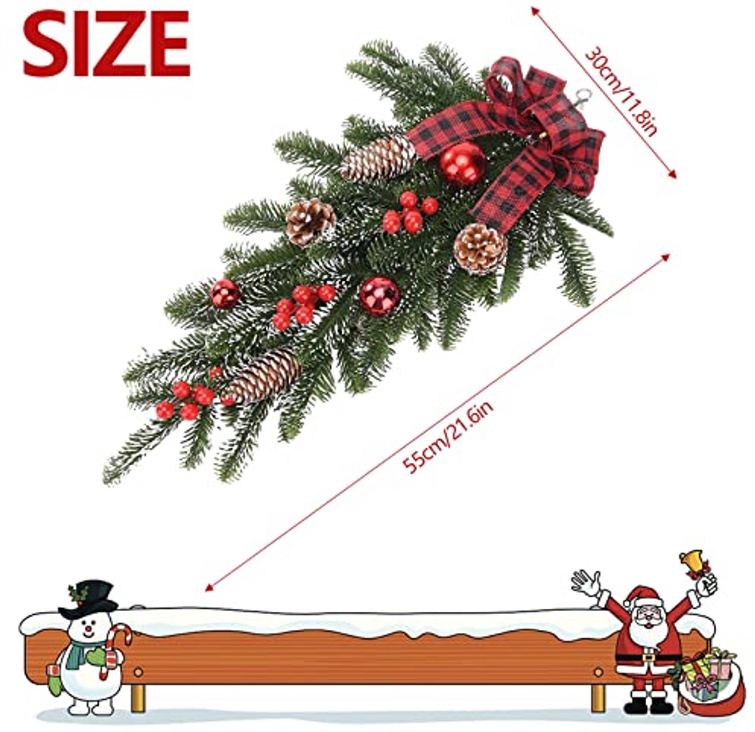 2 stuks Kerstkrans van dennennaalden met strik, dennenappels en rode ballen - 55cm - decoratieve kerstkransen voor binnen en buiten - Kunstmatige kerstversieringen voor aan de muur of deur – foto 6