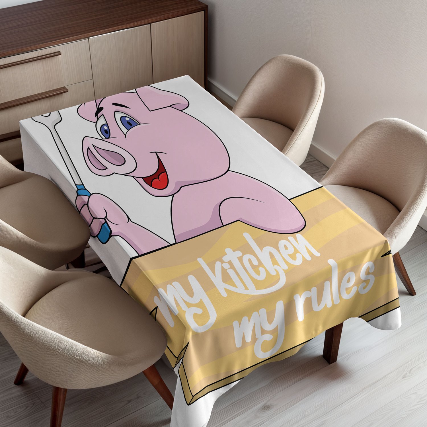 ABAKUHAUS Varken Tafelkleed, Varkenschef BBQ Barbecue Vork Tang Fastfood Mascotte Grill Houten Menu Thema Print, Rechthoekig Tafelkleed voor Eetkamer Keukendecoratie, 150 x 220 cm, Wit Roze