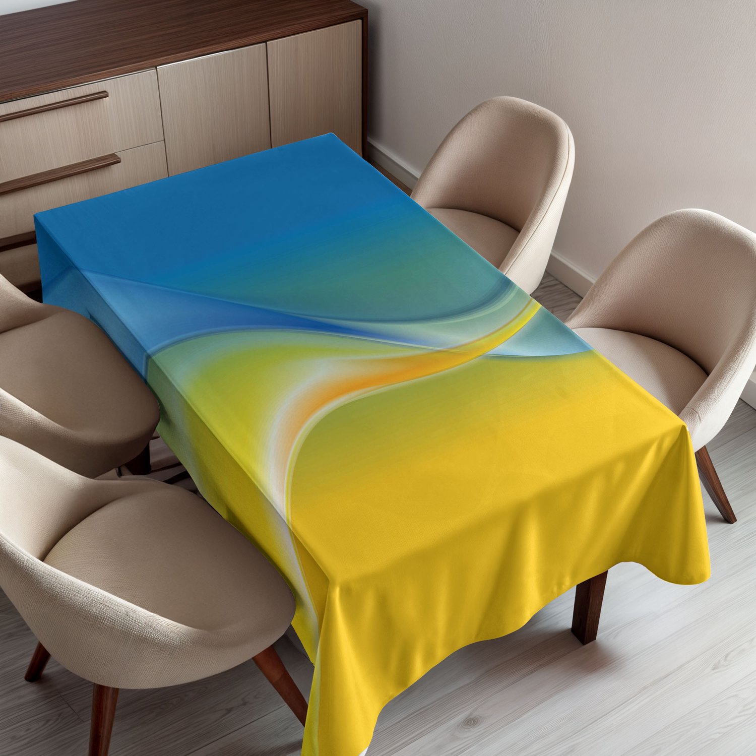 ABAKUHAUS Geel en Blauw Tafelkleed, Kleurgolven Geïnspireerd op de Oekraïense Vlag in Levendige Kleuren en Gebogen Lijnen, Rechthoekig Tafelkleed voor Eetkamer Keukendecoratie, 150 x 200 cm, Blauw Geel