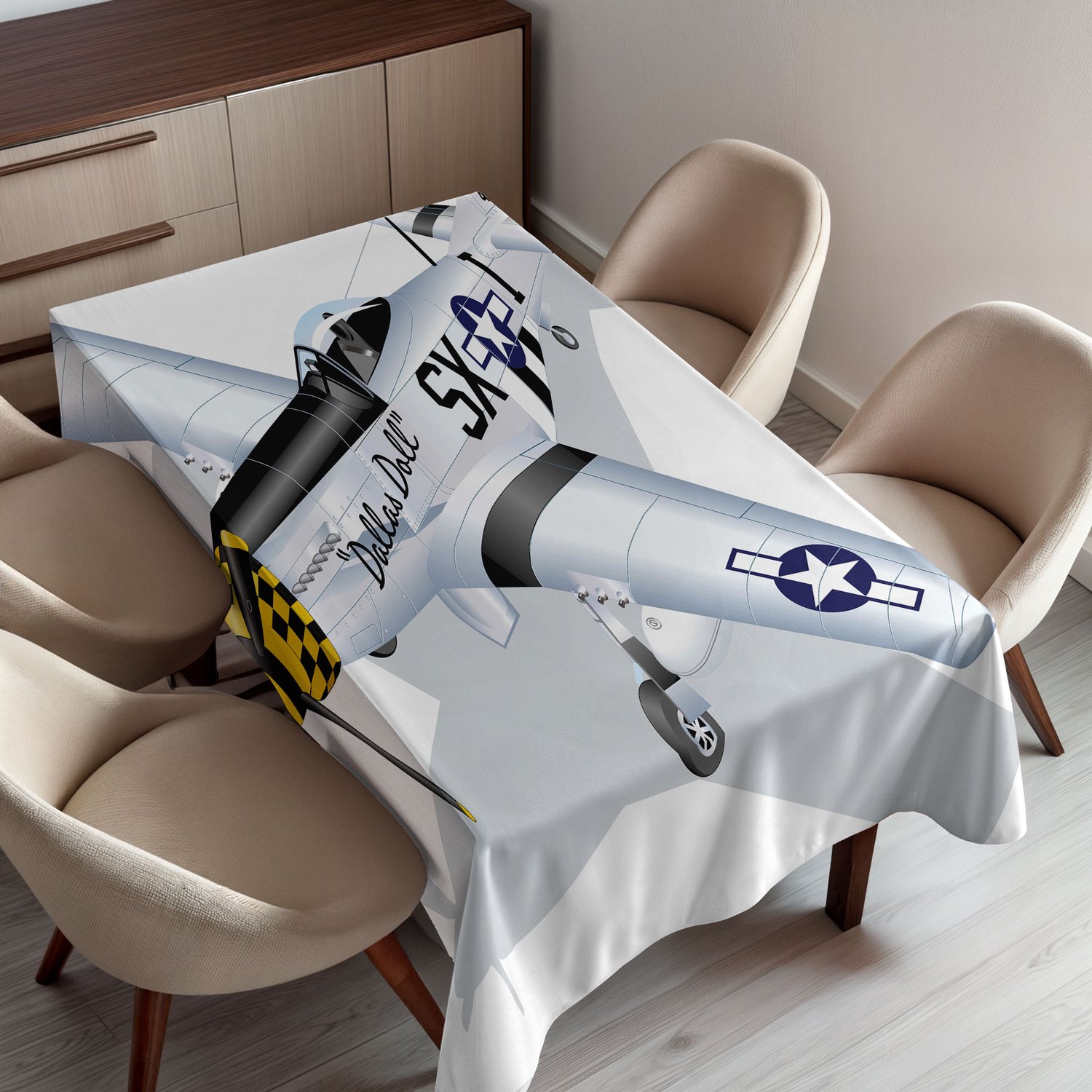 ABAKUHAUS Vintage Vliegtuig Tafelkleed, P-51 Dallas Doll Gedetailleerde Illustratie Klassiek Amerikaans Luchtmachtvliegtuig, Rechthoekig Tafelkleed voor Eetkamer Keukendecoratie, 130 x 150 cm, Grijs Wit