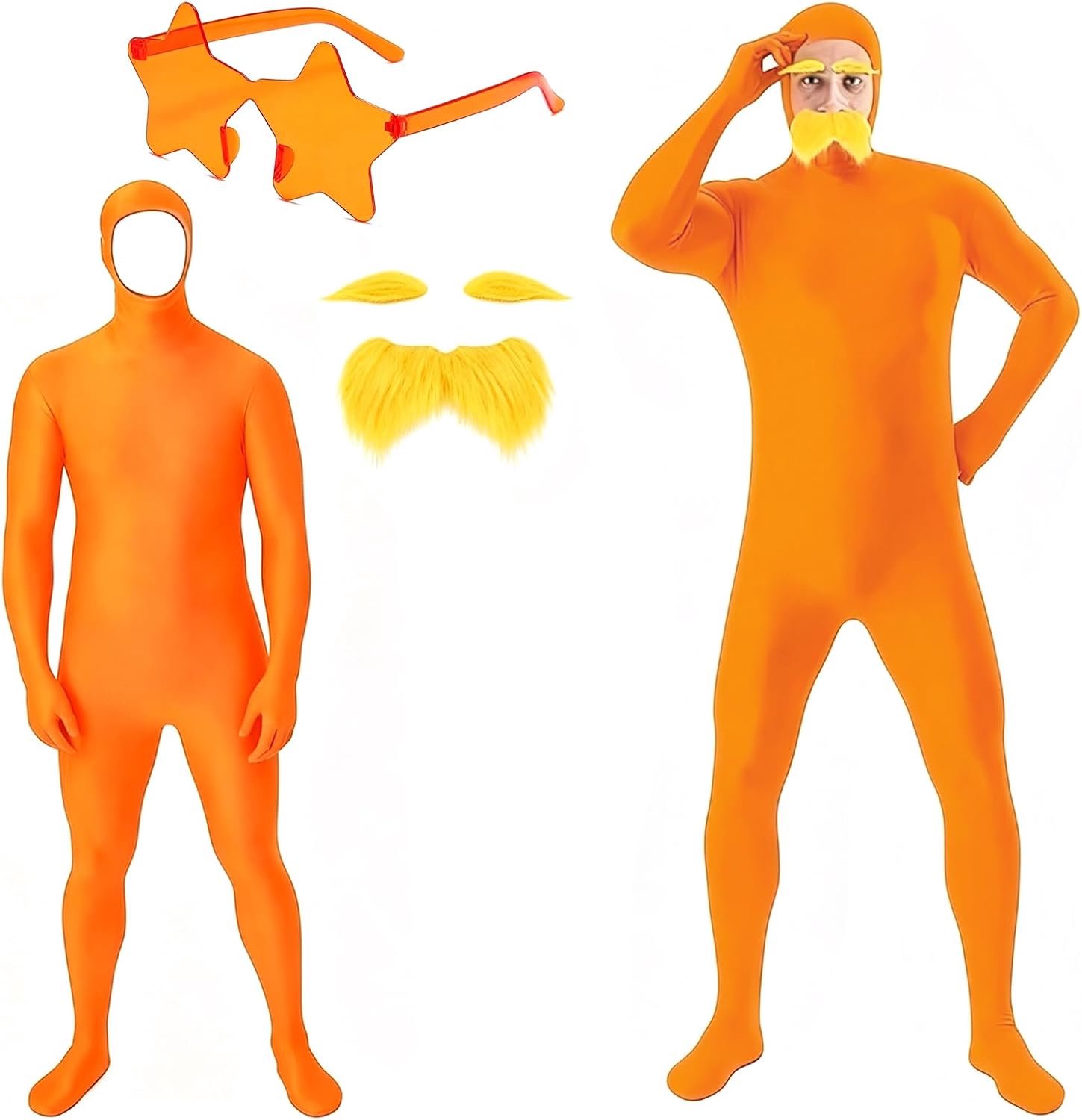Carnavalskostuum, uniseks, open gezicht, cosplay jumpsuit voor volwassenen, groene screen bodysuit voor Halloween en themafeest, met wenkbrauwen en snor