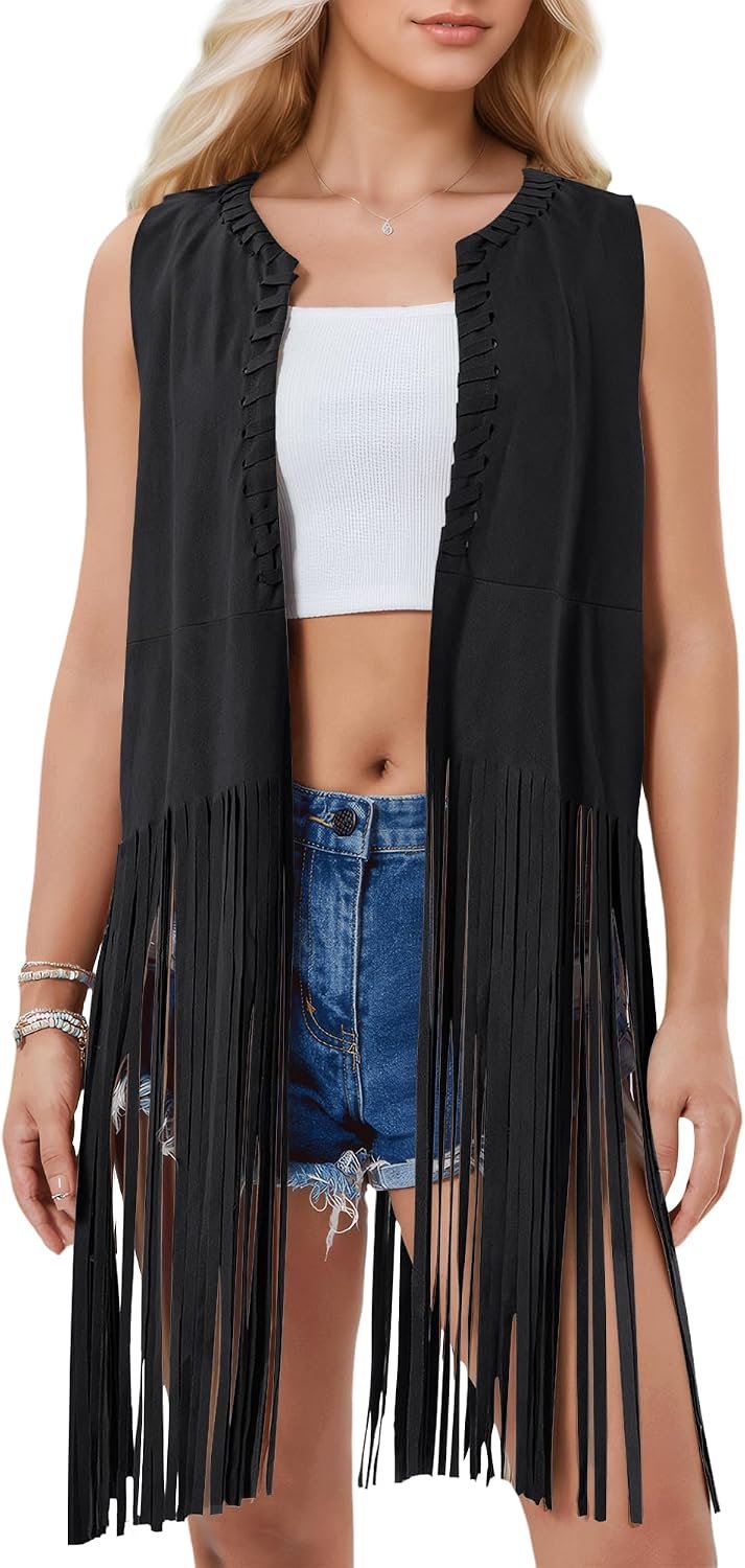 Fringe Vest 70s Hippie Kostuum Faux Suede Mouwloos Kwasten Vest Cowgirl Western Tops