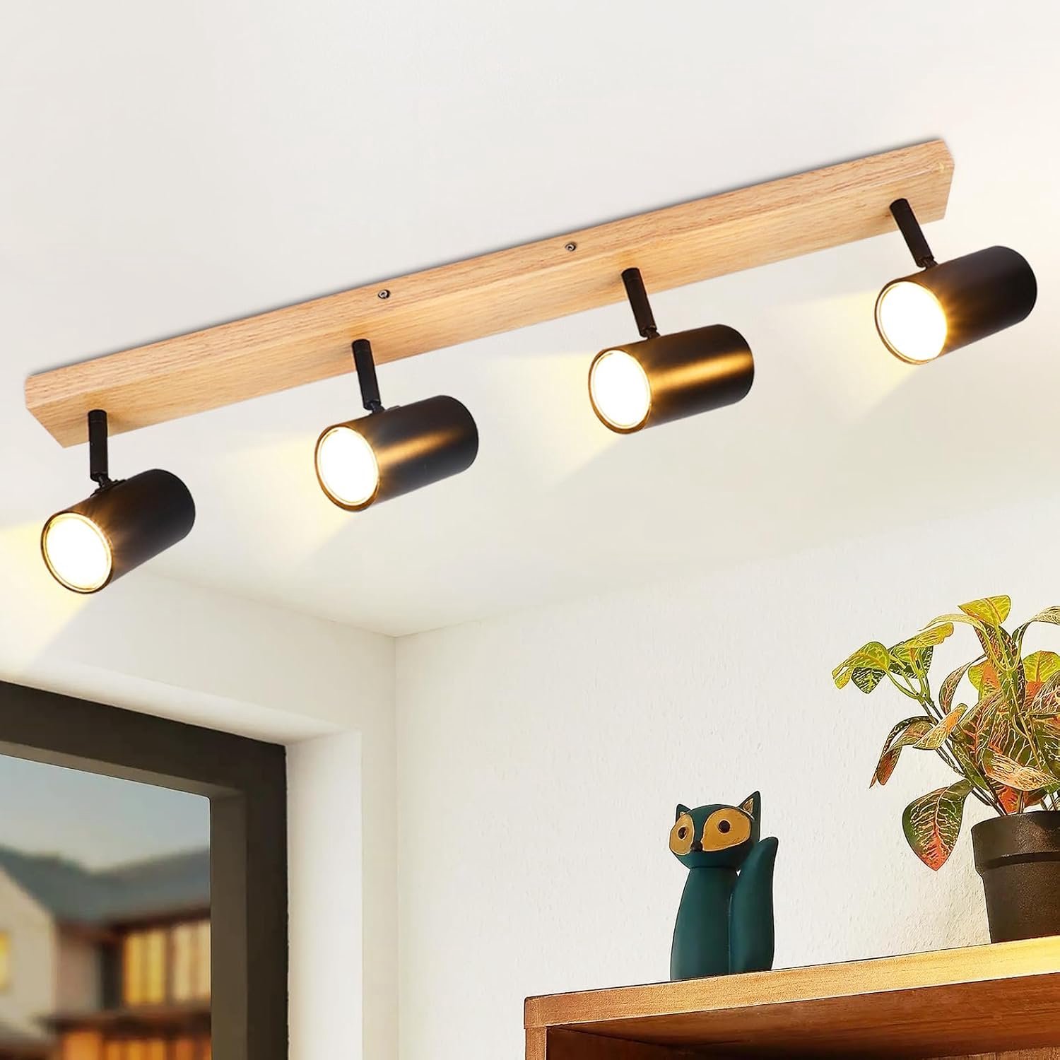 Plafondspot 4 Vlam Hout Plafondlamp Zwart GU10 Ganglamp