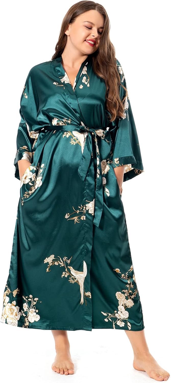 Badjassen met bloemen voor dames, grote maten, lange zijden gewaden, pauw, bloemen, kimono, nachtkleding, ochtendjas — afbeelding 5