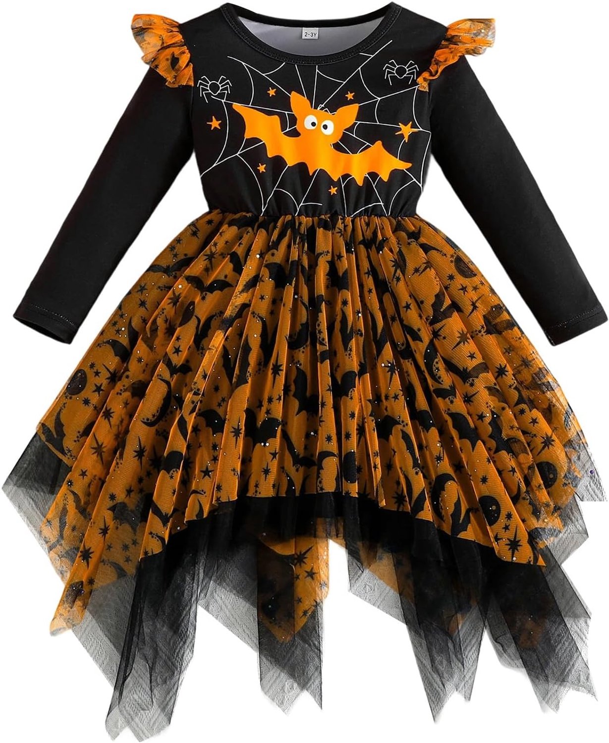Halloween-jurk voor kinderen, baby, meisjes, met asymmetrische tule rok met vleermuis en spinnenweb