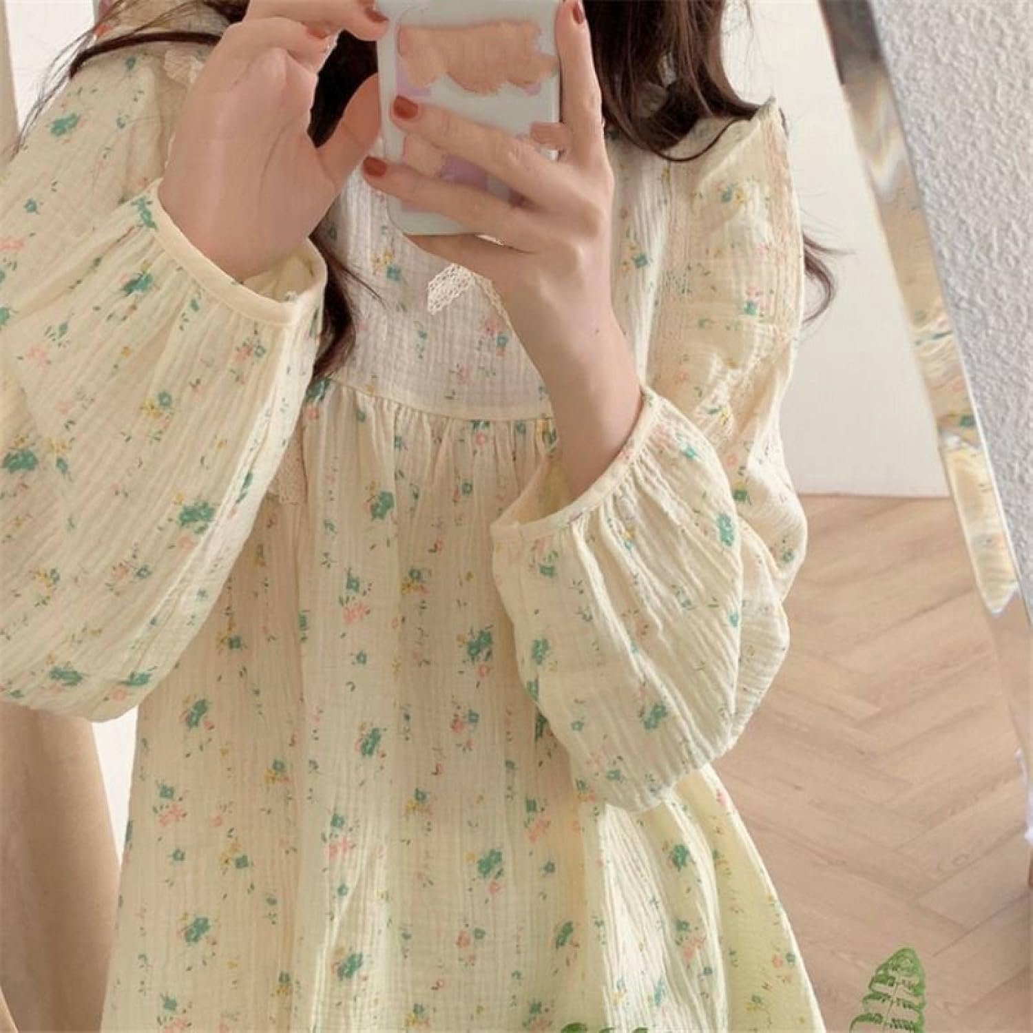 Loungewear-Set Voor Dames - Voorjaar Getrimd Schattig Gebloemd Kant Print Homewear O-Hals Heerlijke Nachtkleding,Lentemode Losvallend Lange Mouw Cosy Lovely Pyjama Stijlvol Slaapshirt Zustersoutfit