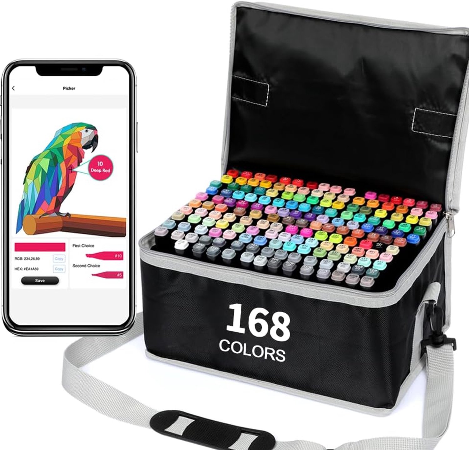 168 + 2 kleuren markeerstiften, alcohol markeerset met kleuren-app, penseel Twin Art markeerset voor volwassenen en kunstenaars, met zwarte draagtas
