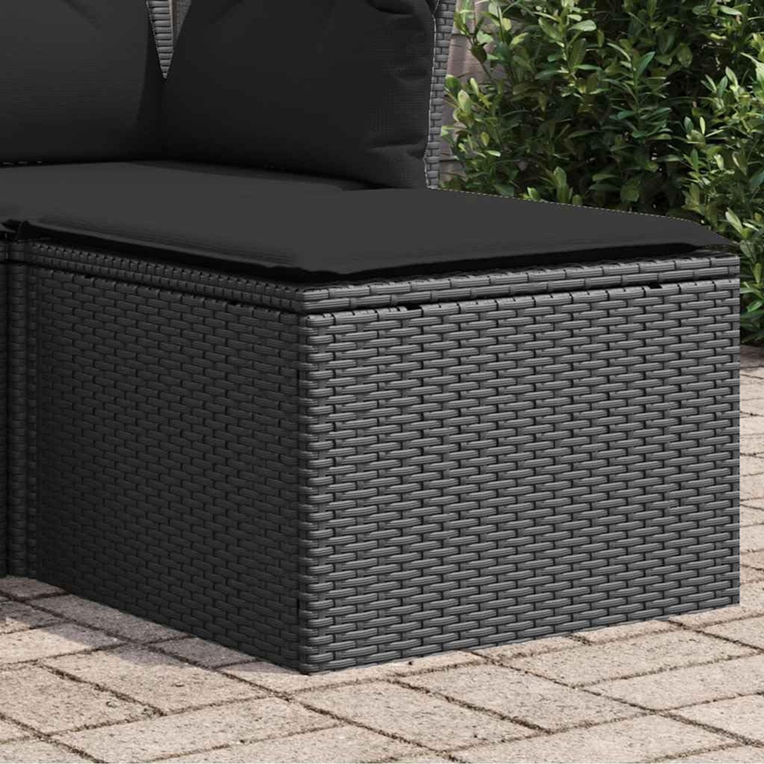 Tuinkruk met kussen, polyrotan, zwart, 55 x 55 x 37 cm, voetenbank, tuinmeubelen met afneembare overtrek