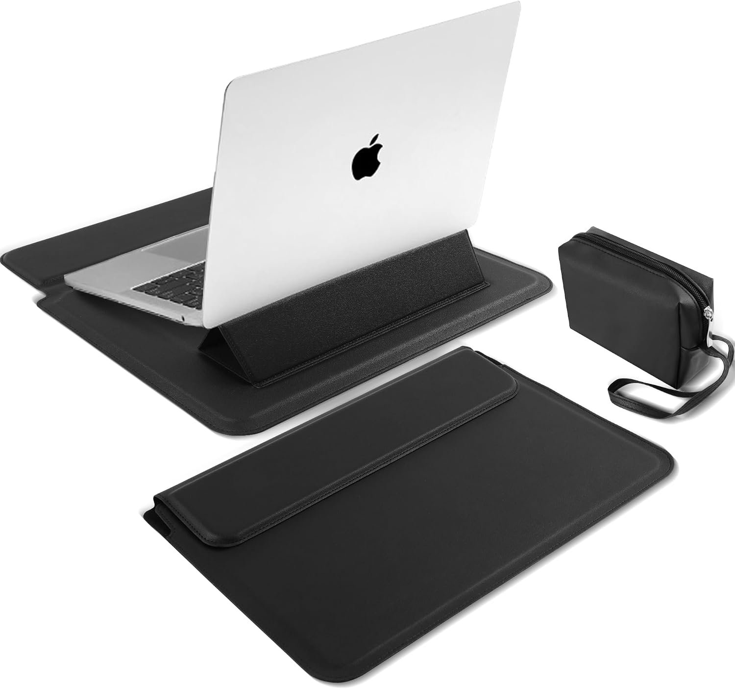 13-14 inch beschermende laptophoes met standaardfunctie, voor MacBook Pro/MacBook Air 2025-2021, iPad Pro/iPad Air/Surface/Dell/Lenovo/HP/ASUS/Acer PU lederen laptophoes, zwart