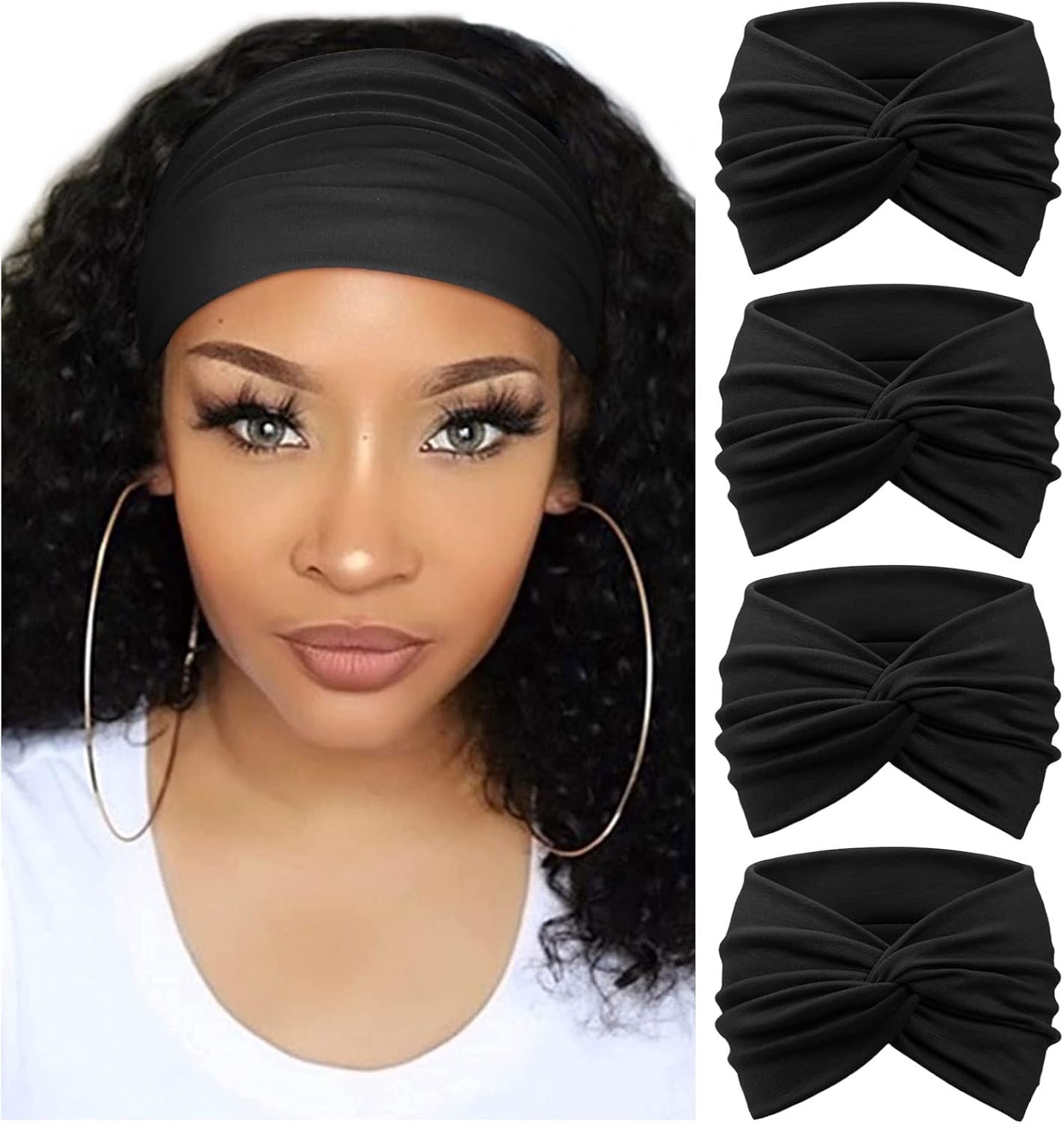Rekbare haarbanden voor dames - 4-pack - Brede retro haarbanden - Stijlvolle haaraccessoires - Zwart