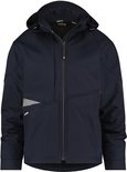 Donkerblauwe DASSY softshell werkjas met capuchon, ritssluiting, grijze inzetstukken en reflecterende details.