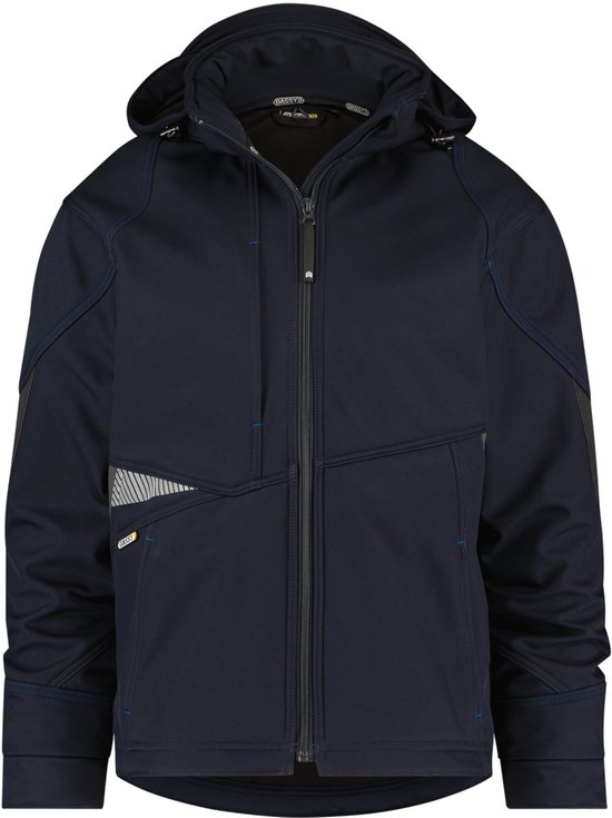 Donkerblauwe DASSY softshell werkjas met capuchon, ritssluiting, grijze inzetstukken en reflecterende details.