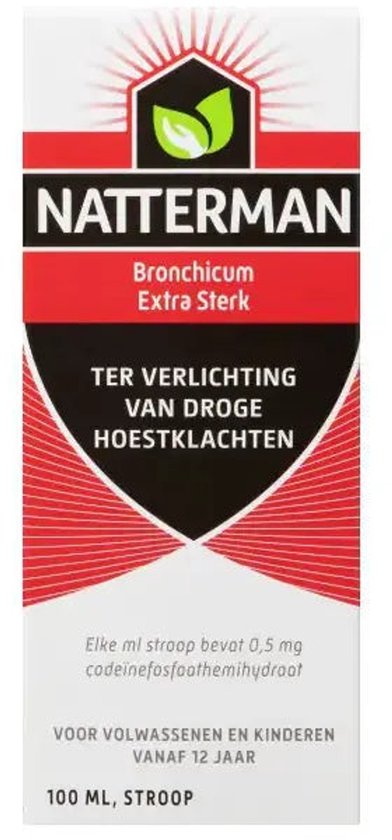 Doosje Natterman Bronchicum Extra Sterk, ter verlichting van droge hoestklachten. Voor volwassenen en kinderen vanaf 12 jaar. 100 ml siroop.