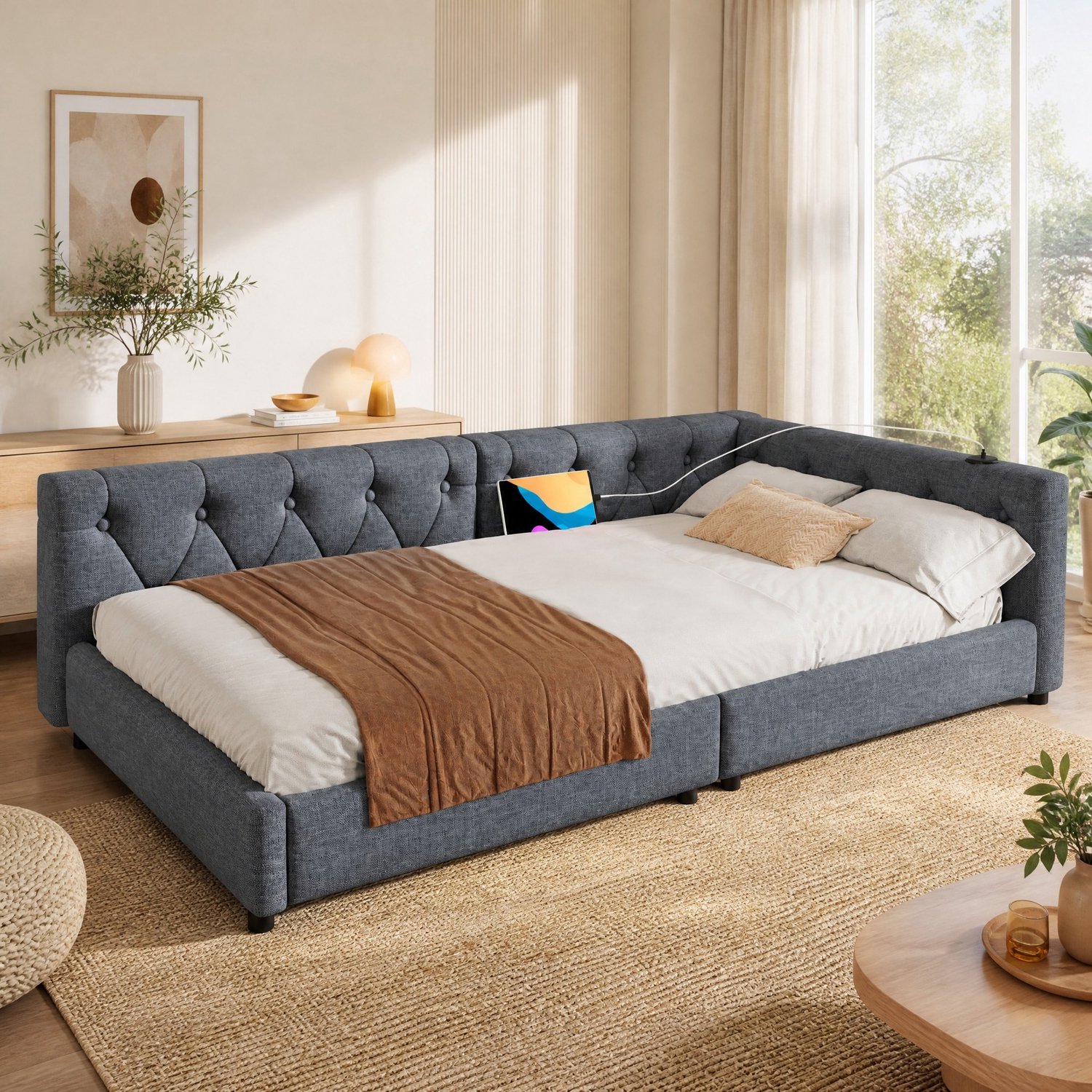 CHICFURN Slaapbank 90 x 200 cm - lattenbodem - LED-verlichting - grijs