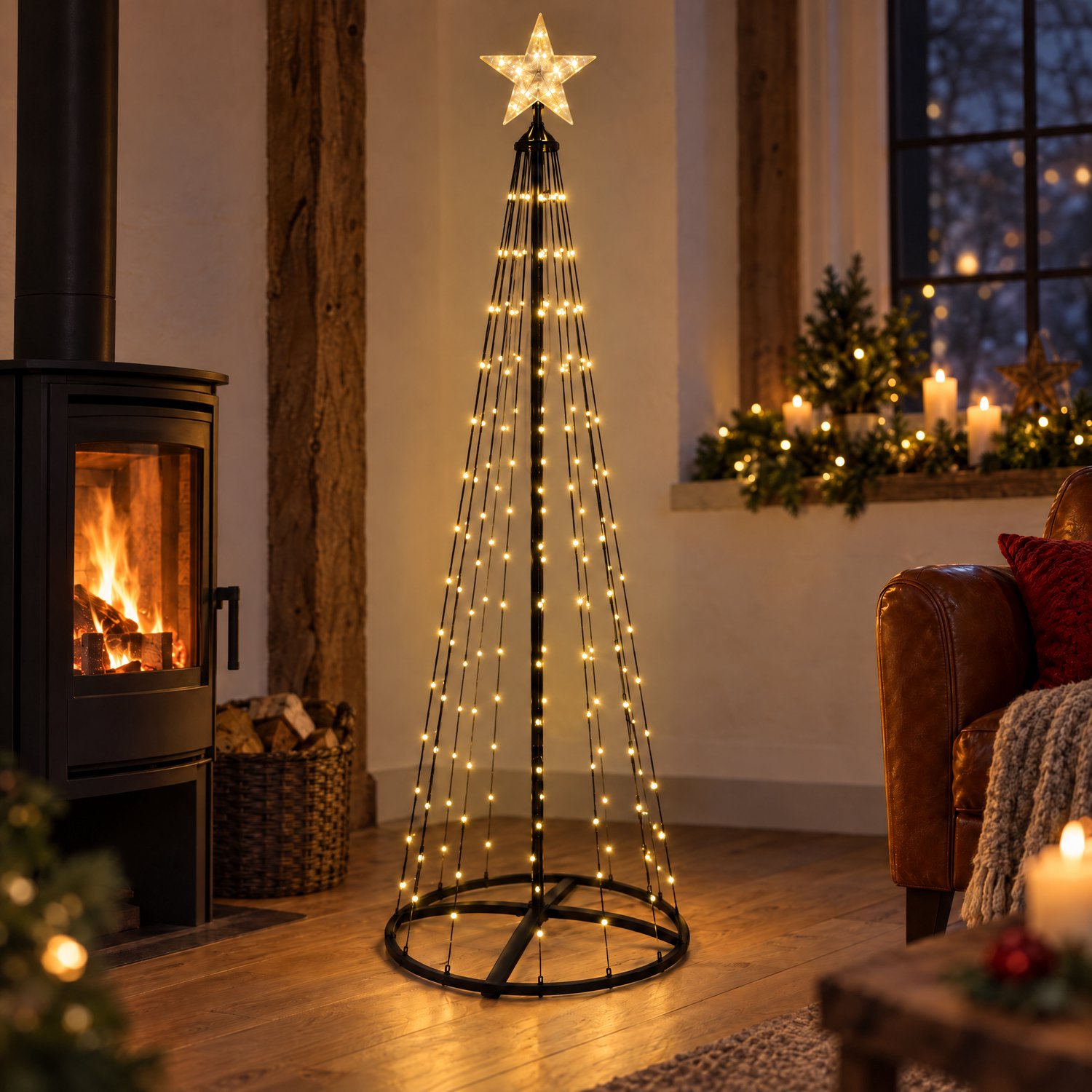 Cheqo® LED Kerstboom 150 cm - 154 LED - Warm Wit - Afstandsbediening - Vlaggenmast Kerstboom - Vlaggenmast Verlichting - Kerstverlichting voor Binnen - Kerstlampjes - Lichtboom - Lichtkegel - Kerstdecoratie - Sfeerverlichting - Feestverlichting