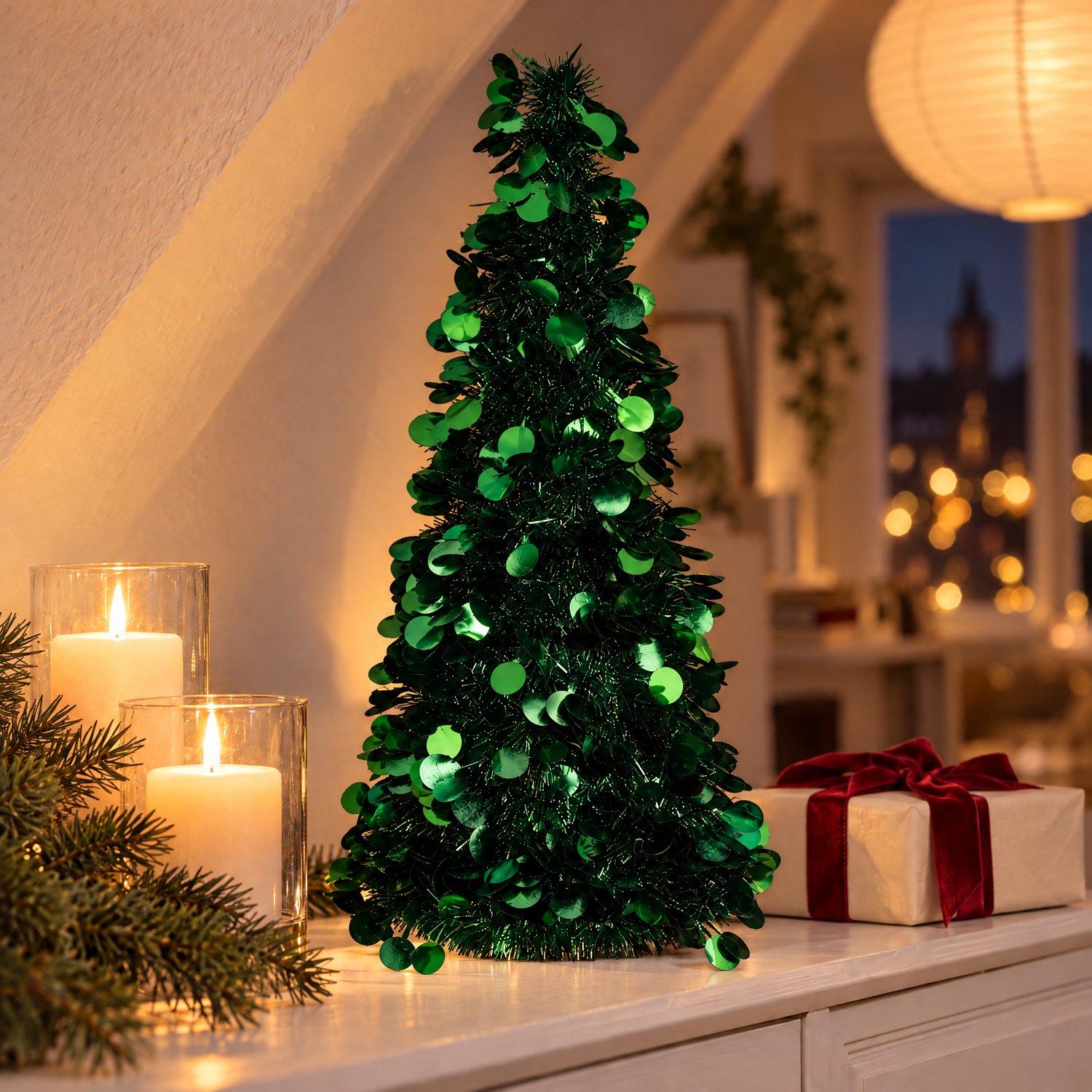 Cheqo® Kleine Kerstboom Donkergroen - Decoratieve Kerstboom van Tinsel met Pailletten - Mini Kunstkerstboom - Tafelkerstboom - Kerstdecoratie voor Binnen - Kerstversiering - Tafeldecoratie Kerst - Vensterbank Decoratie - Winterdecoratie