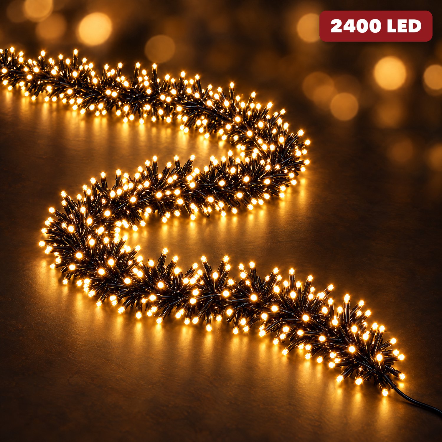 Cheqo® Super Cluster Kerstverlichting 2400 LED - 6 Meter - Warm Wit - Clusterverlichting - Kerstlampjes - Kerstboomverlichting - 8 Lichtfuncties met Geheugen - Timer - Sfeerverlichting voor Binnen en Buiten - Feestverlichting - Lichtsnoer