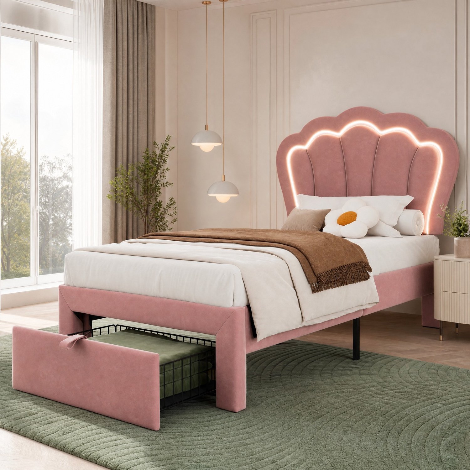 CHICFURN Kinderbed 90 x 200 cm - LED-verlichting - bedlade - roze fluweel