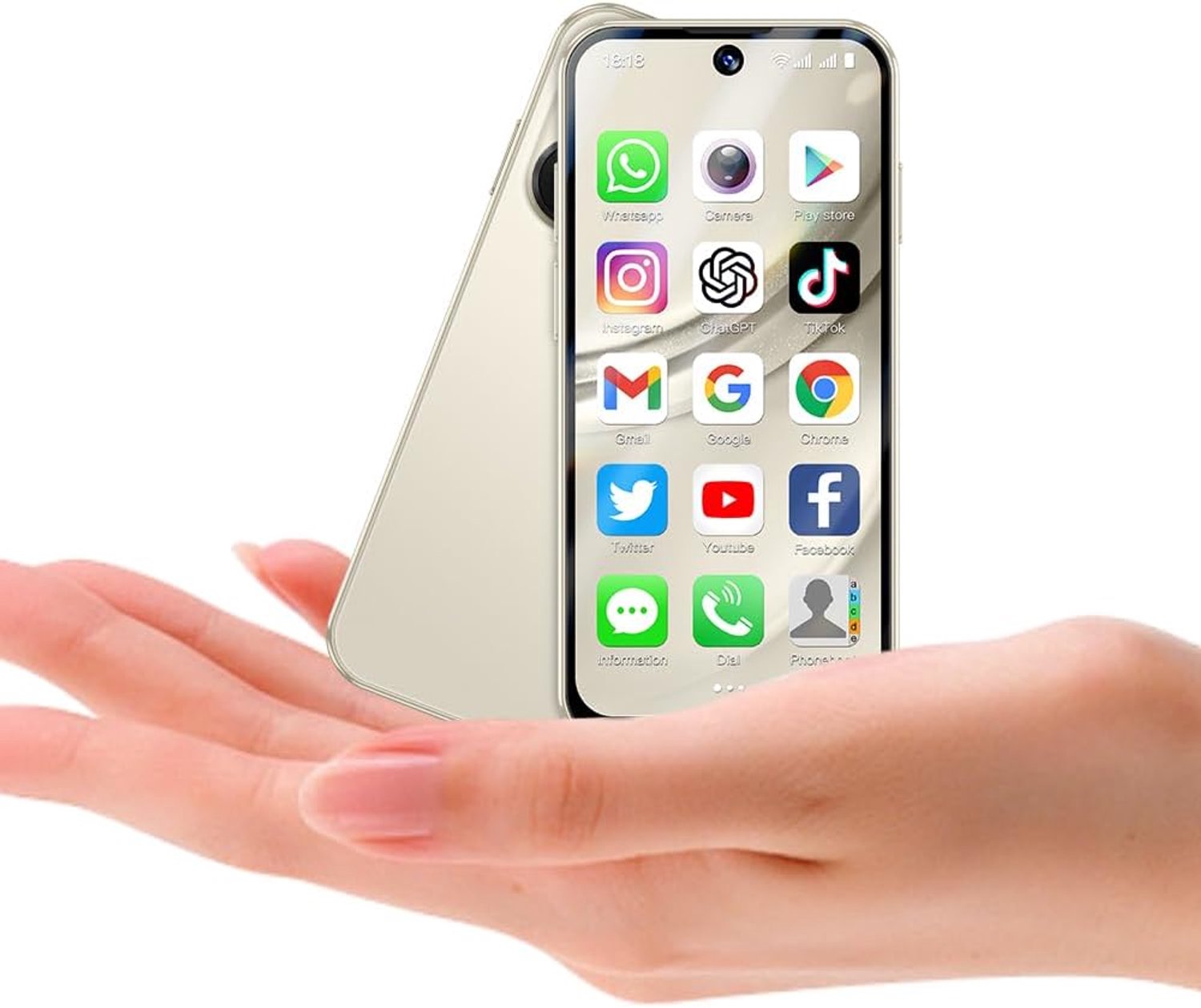 Mobiele telefoon, 4G-systeem, Android12, kleine telefoon met volledig scherm van 3,88 inch, dubbele simkaart, GPS/WiFi/gezichtsherkenning/OTG (goud, 64 GB)