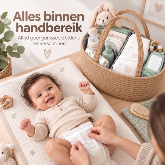 Luiermand voor Commode – Baby Organizer met Uitneembare Vakken – Commodemandje met Handvatten – 36 x 22 x 18 cm – Opbergmand voor Luiers, Doekjes & Babyverzorging – Bruin — afbeelding 5