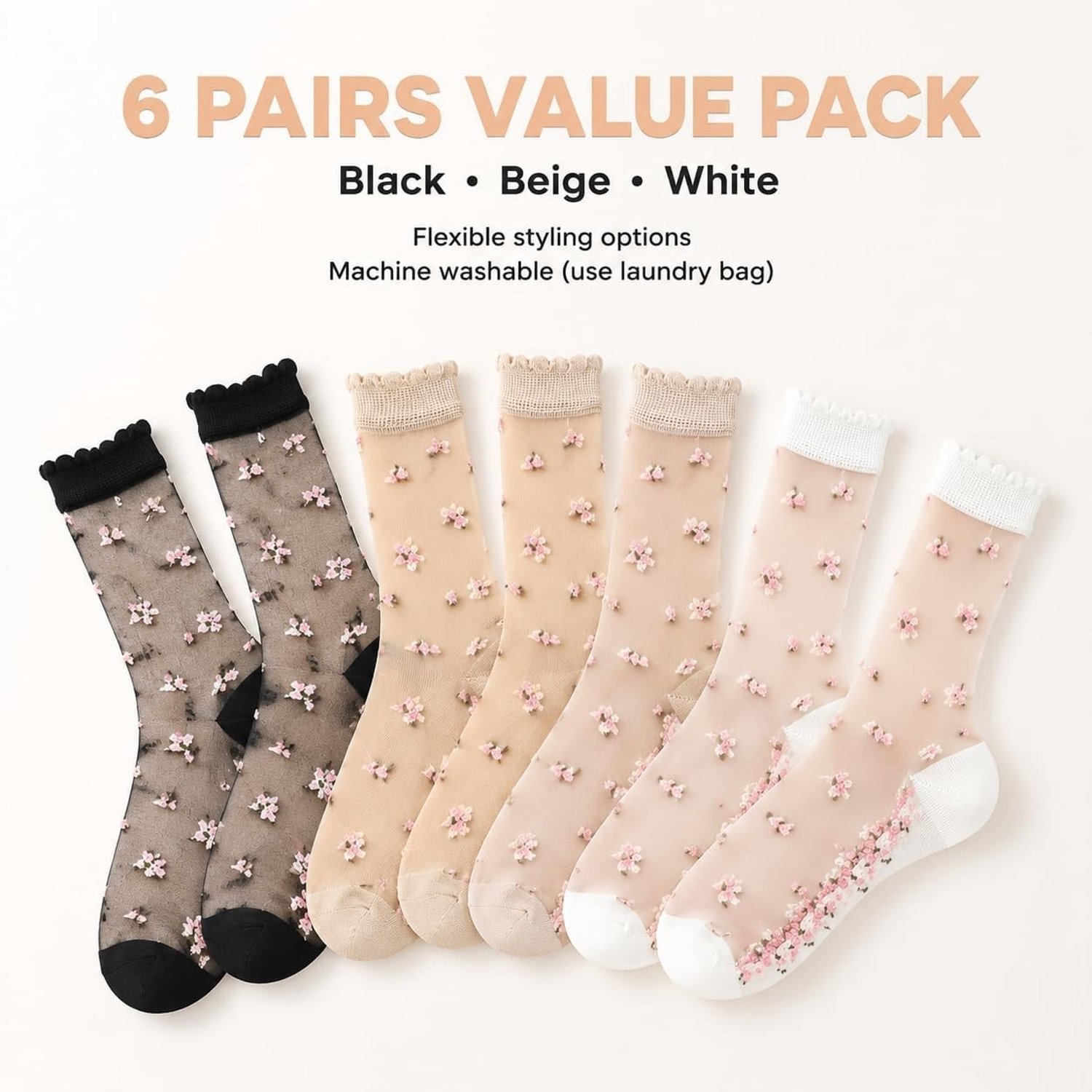 Zes paar nylon kousen met bloemenmotief, rufflesokken voor dames en meisjes, perfect voor dagelijks gebruik, kantoor en zomerfeesten (Zwart/Wit/Beige)