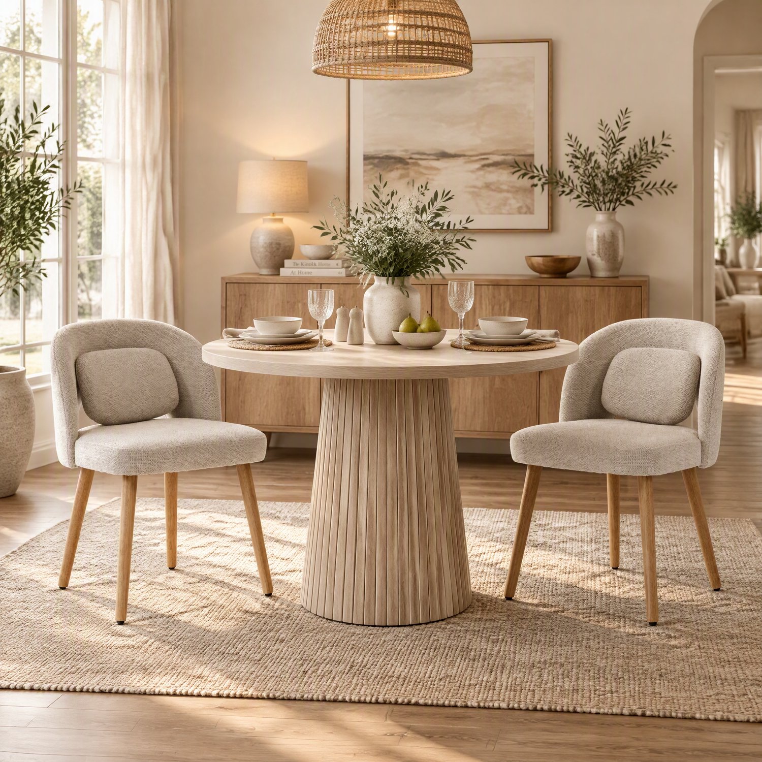 SONNENH Eetkamerstoelen set van 2 met beige velvet, ronde rug en massief rubberhouten poten Beige en naturel