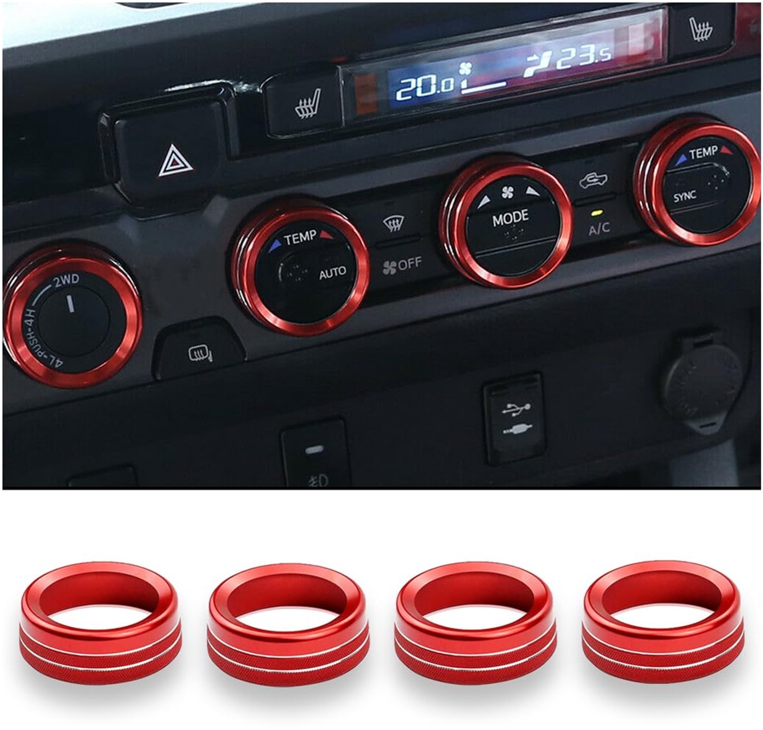 CGEAMDY 4pcs Car Air Conditioning Button Cover, Aluminum Alloy Control Adjuster Knob Interior Trim, Volume Control Switch Decoration Ring (Red)