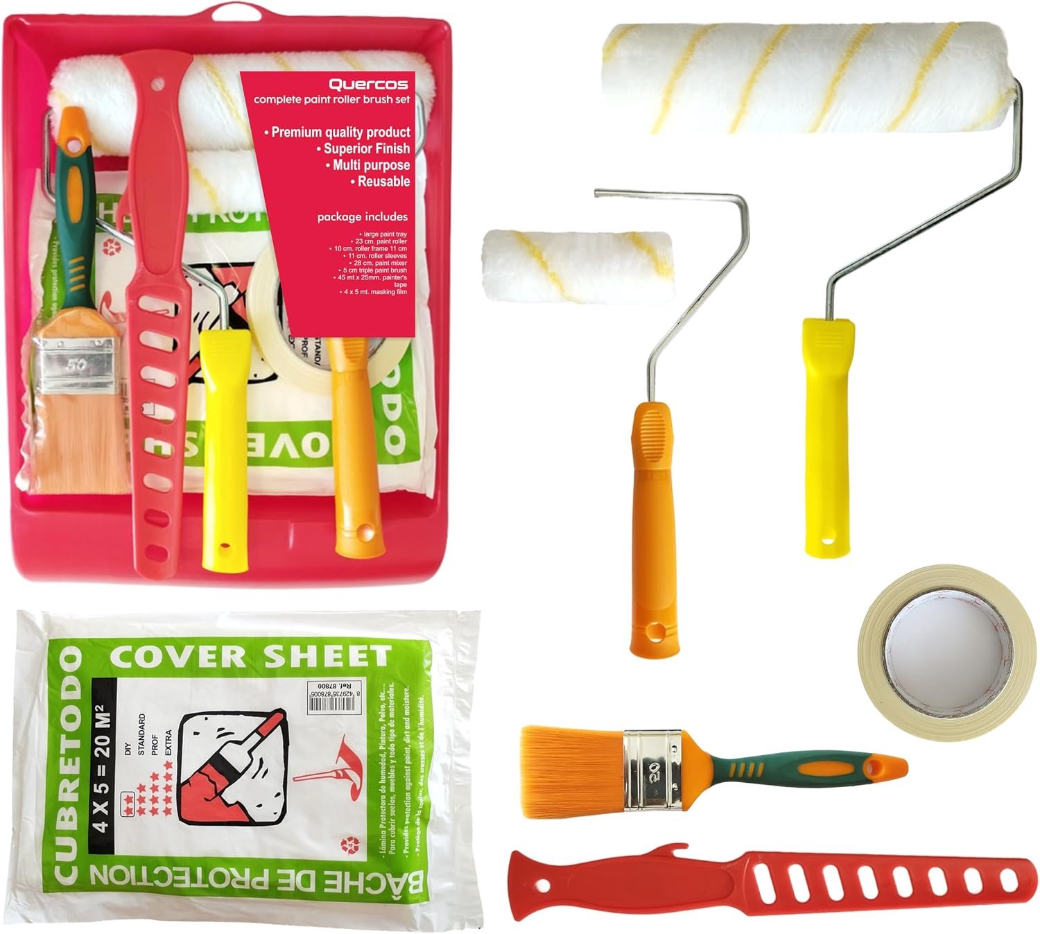8-Piece Paint Roller Set for Walls and Ceilings, Complete Set, Drip Free Roller, 22 and 11 cm, Flat Brush, Tray - ShopVlot