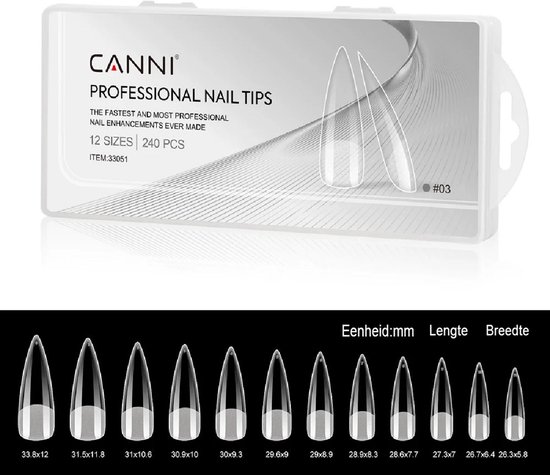Doos met 240 CANNI professionele stiletto nageltips in 12 verschillende maten, inclusief afmetingen in mm.