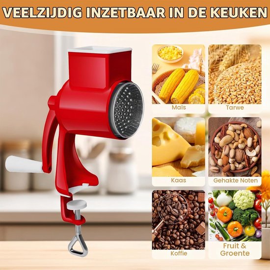 Handmatige Notenmolen met 2 Verwijderbare Snijbladen, Kaasrasp met Crank, Groentensnijder van RVS voor Noten, Maïs, Kaas en Groenten — afbeelding 5