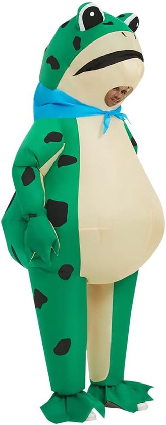 Zijaanzicht van een groen opblaasbaar kikkerkostuum met blauwe sjaal, gedragen door een persoon.