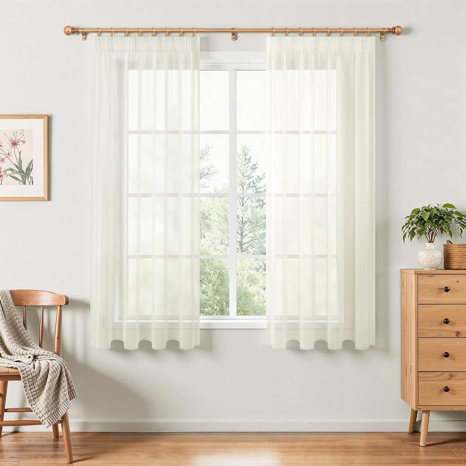 SnelShoppen - Translucente Gordijnen met Ruffle Tape voor Woonkamer en Slaapkamer - Elegante 145 cm Lengte 140 cm Breed Cream Polyester met Linnen Loo