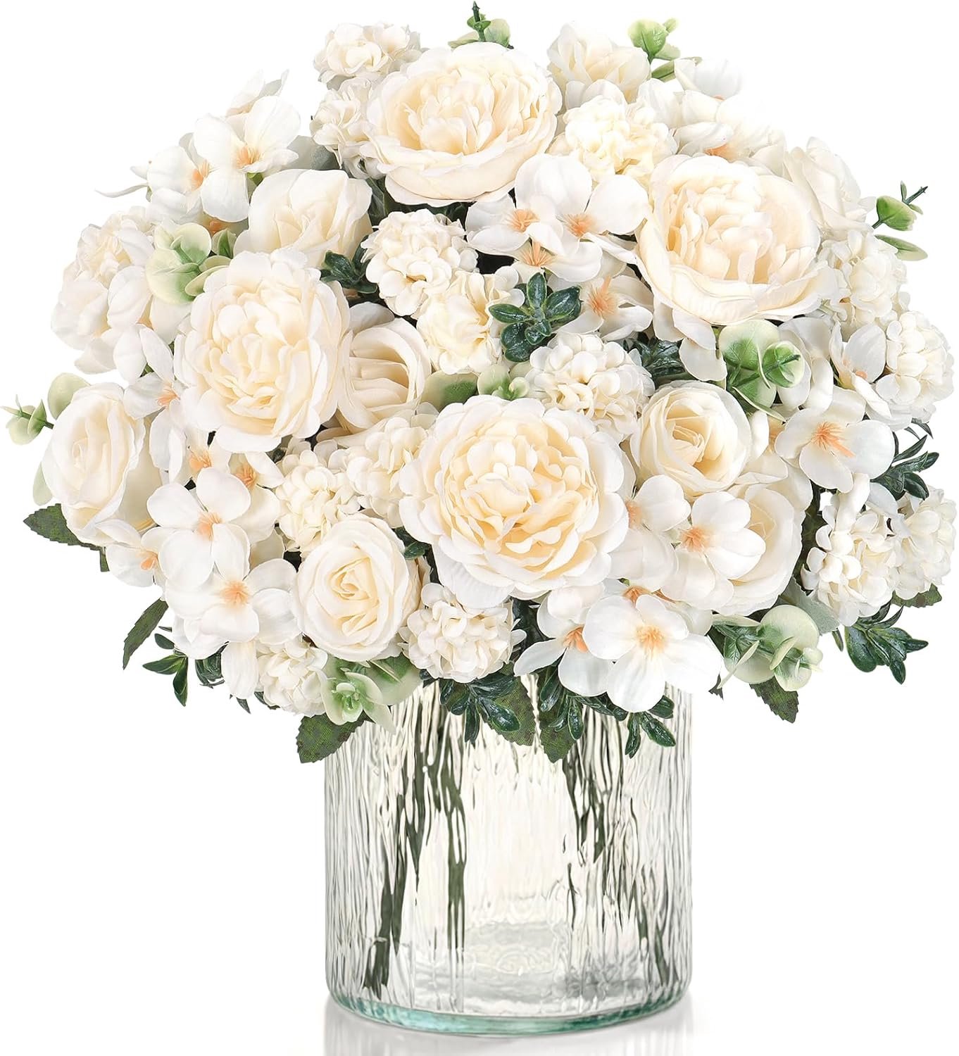 SnelShoppen - 4 Bunches Kunstmatige Rozen en Pioenrozen Witte Nepp bloemen Zijde Pioenrozen Rozen Hortensia Kunstbloemen Boeket Bloemarrangement voor