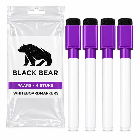 Vier paarse Black Bear whiteboardmarkers naast een bijbehorende verpakking.