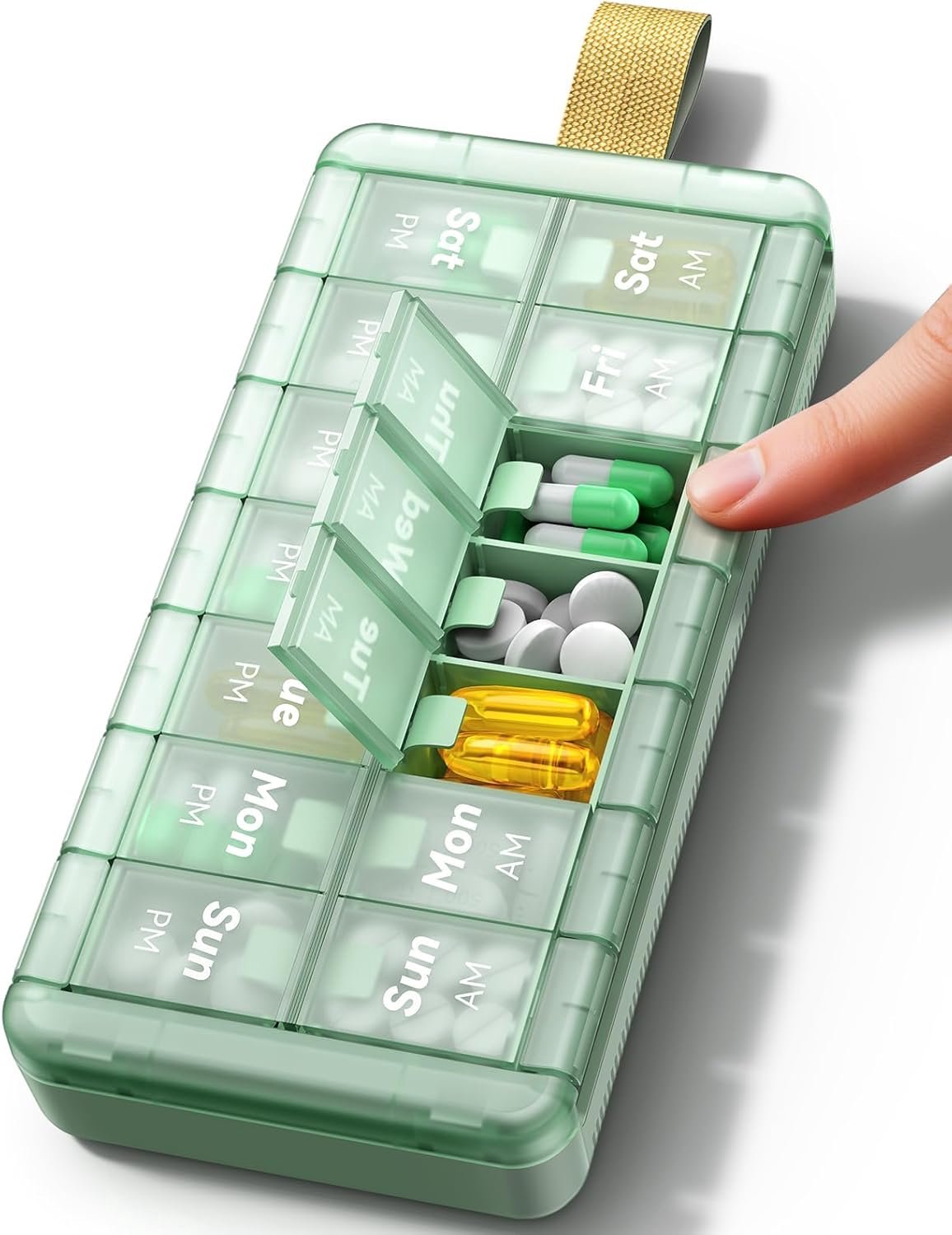SnelShoppen - Weekly Pill Organizer AM PM 7 Dagen Pillenbox met Draagriem, Grote Compartimenten, Vochtbescherming en Matte Deksel – Reis Medicijn Pouc
