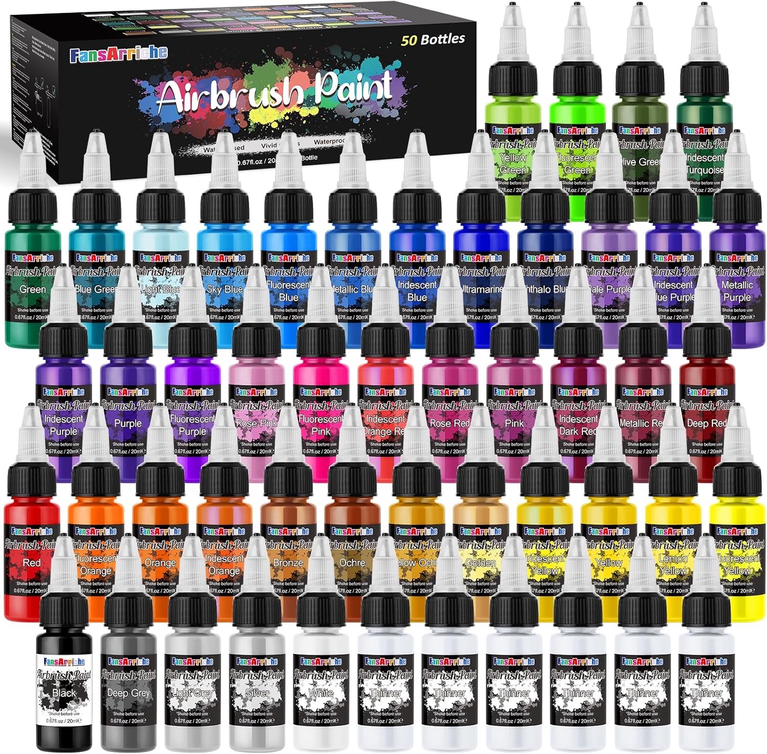 SnelShoppen - Airbrush Verf Set 44 Kleuren + 6 Wateroplosbare Verdunners, Opaque en Neon Kleurenset voor Beginners, Kunstenaars, DIY Projecten, 20ml p