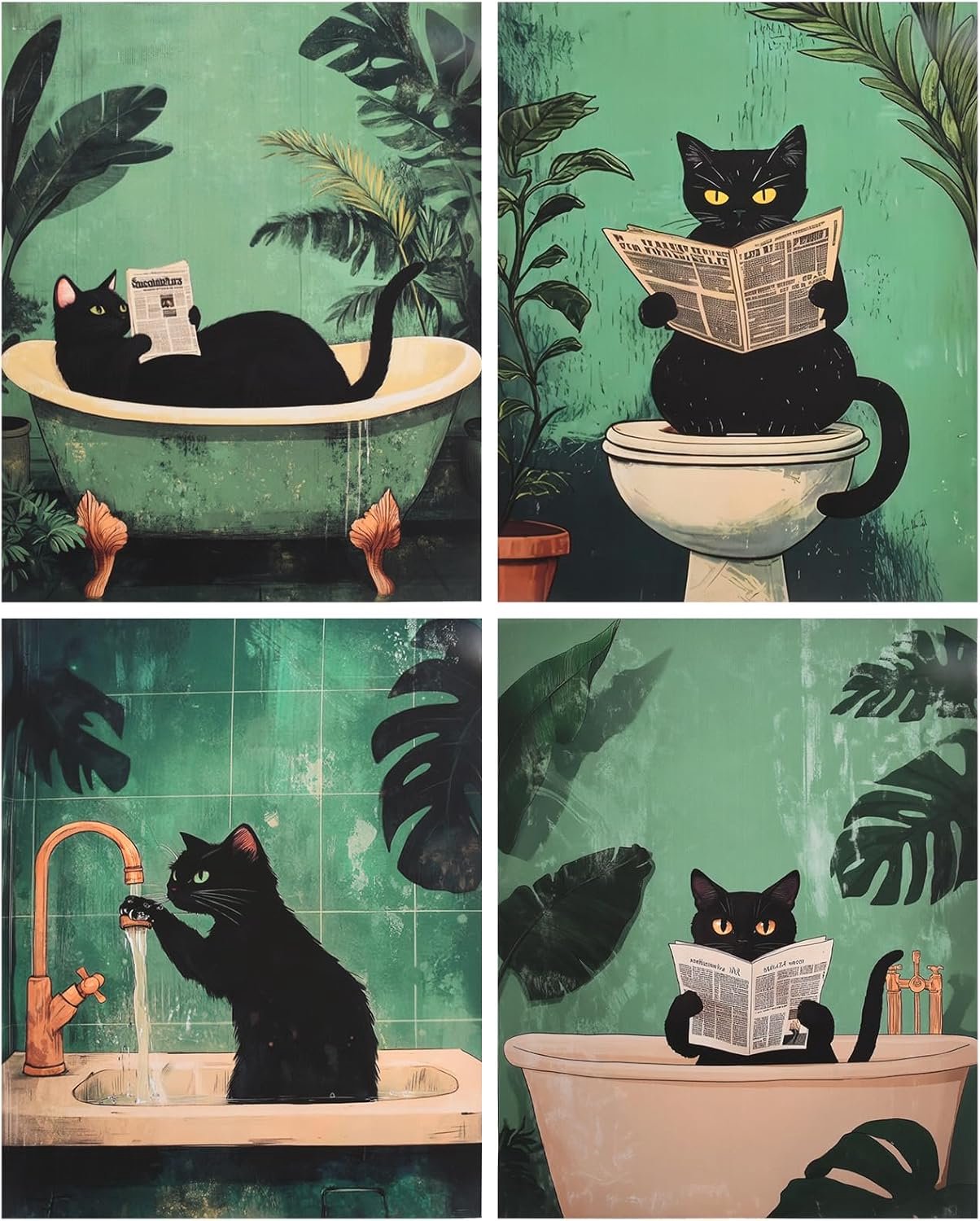Syncharm Pack of 4 Wall Prints Funny Cat for Bathroom, Black Cat Modern Bathroom Paintings for Bathroom Prints Canvas 20x25cm without Frame Wall Paint