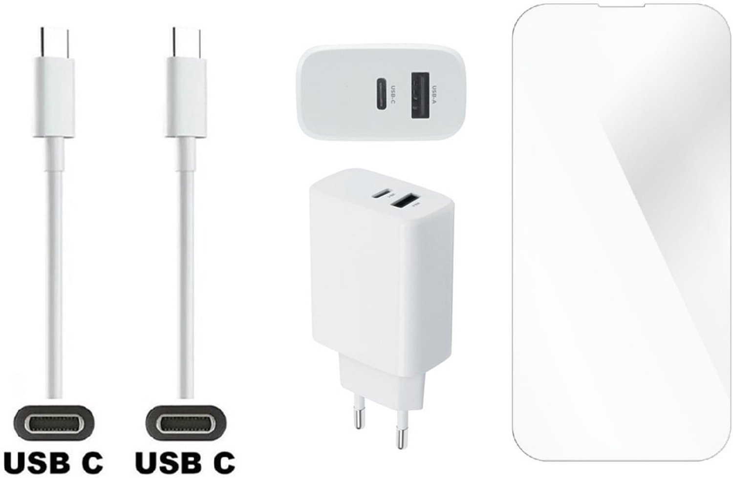 OneOne 25W super snellader met 2 poorten en screenprotector van glas voor iPhone 17 Pro Max. Oplader met sterke 3,0m USB C naar C kabel. Krachtige witte PD PPS lader adapter. Screenprotector past op Apple iPhone 17 Pro Max