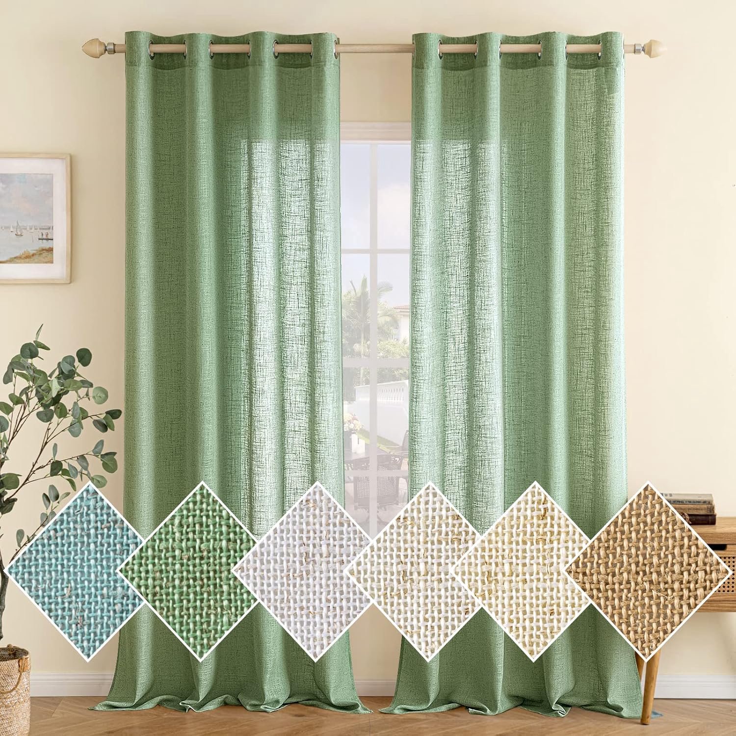 SnelShoppen - EMEMA Linnen Look Gordijnen met Oogjes, Semi-Transparante Voile Gordijnen voor Woonkamer, Keuken, Kinderkamer, Set van 2, 140 x 215 cm,