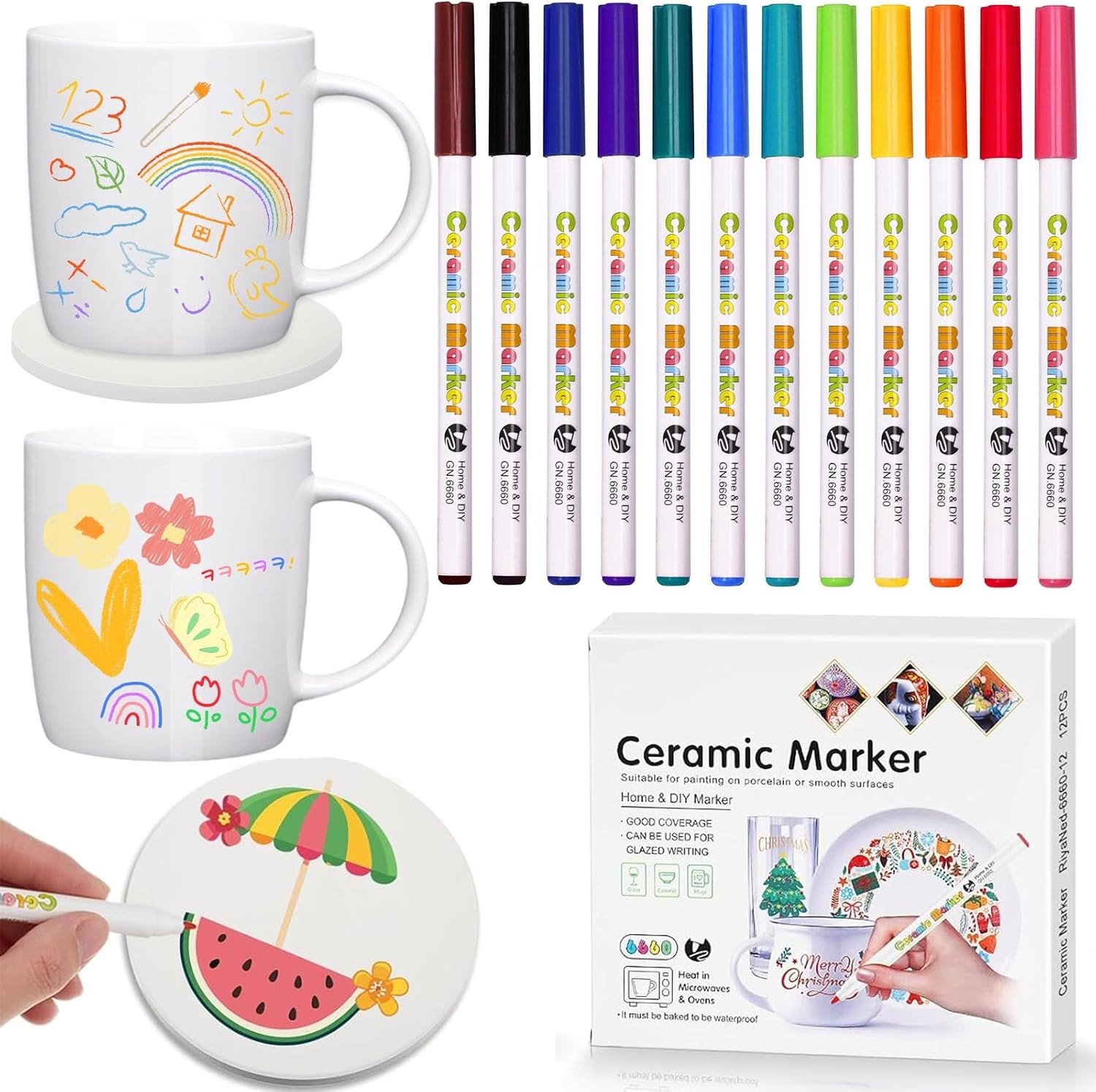Keramische schilderset met 12 glazen markers en handvat voor koffiekop - Perfect als verjaardagscadeau, Moederdag of Pasen, ideaal voor creatief schilderen en hobbyprojecten