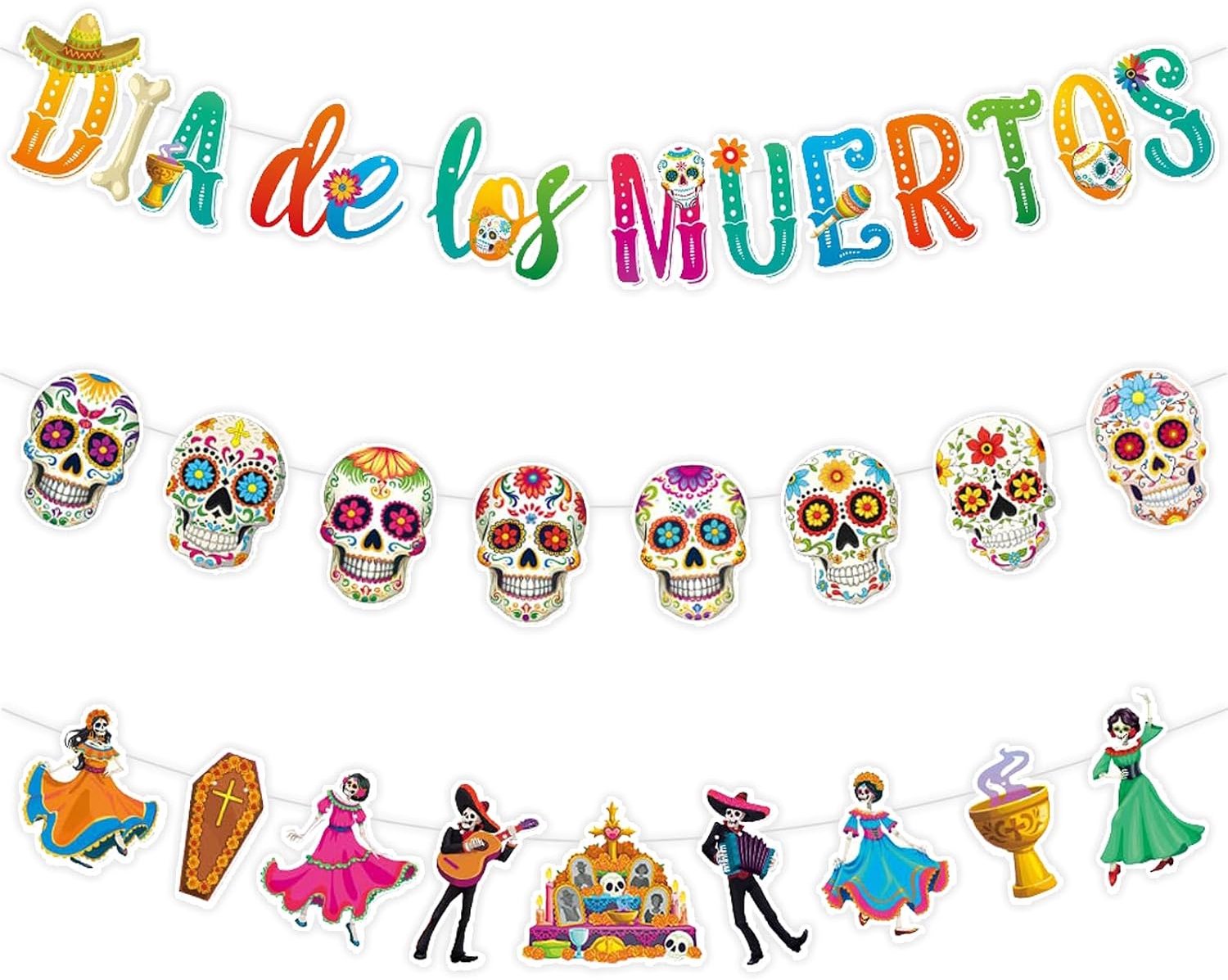 Dailygoods- Feestbanner Set van 3 - Kleurrijke Dag van de Doden Banners - Mexicaanse Fiesta Decoratie - Schedels/Thema - Geschikt voor Verjaardagsfees