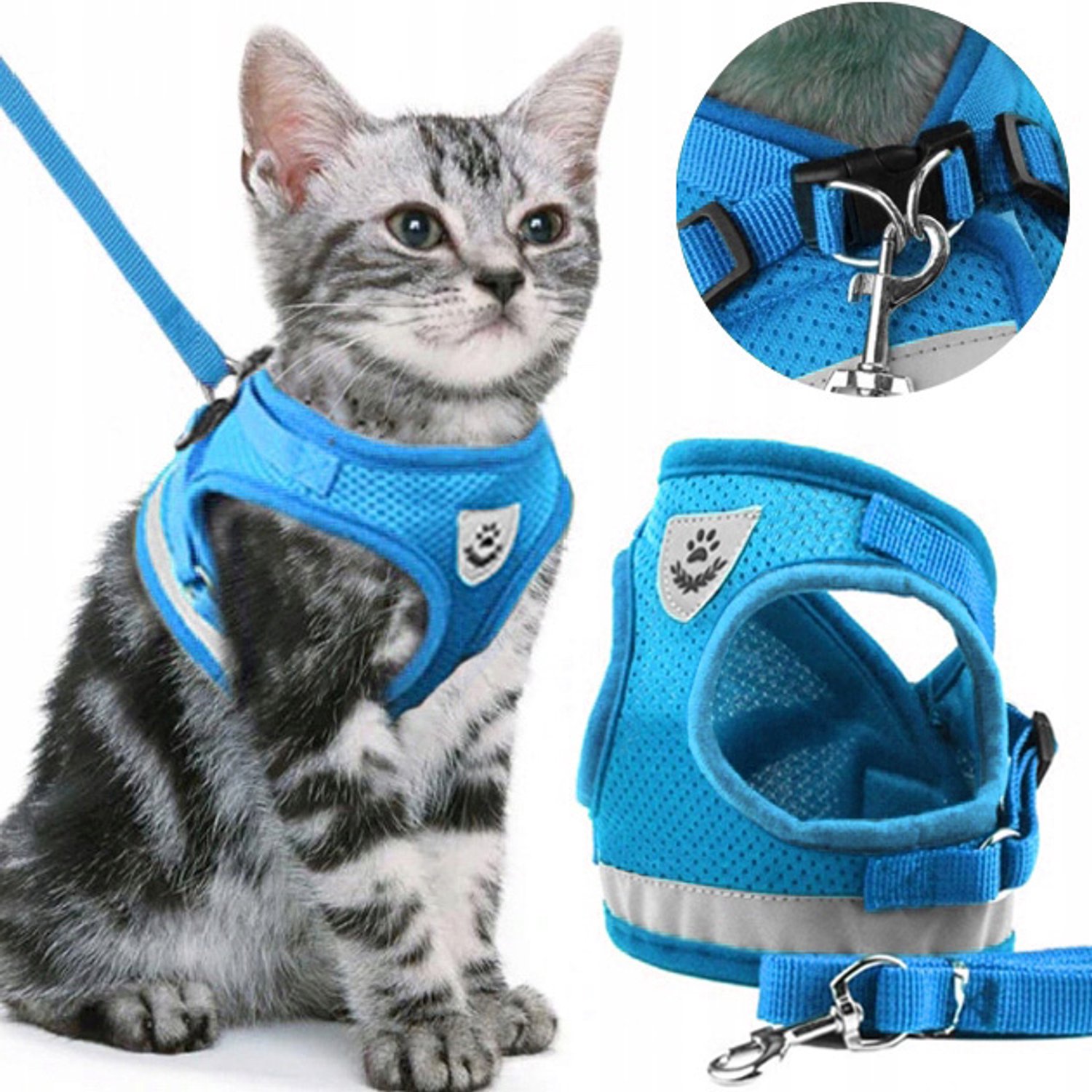 Comfortabele Kattenharnas XS Blauw met Reflectie + 120cm Lijn