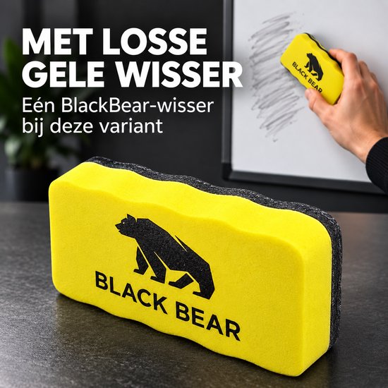 BlackBear Whiteboardmarkers - Zwart - 4 stuks - Met gele wisser - Magnetische dop met wissertje - Droog uitwisbaar