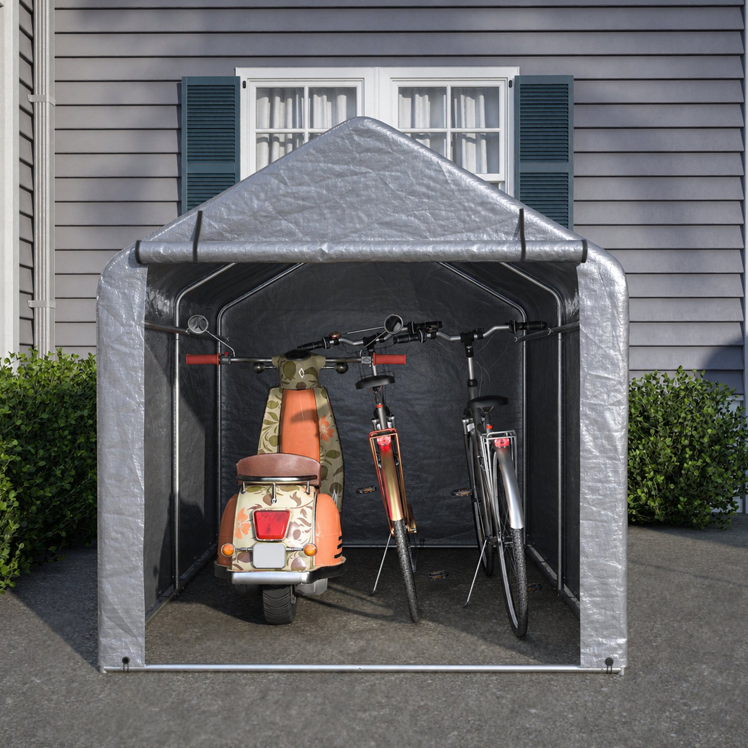 VVBV Grijze fietsenstalling 160x220x165 cm met rolluik – weerbestendige PE buitenopbergruimte voor fietsen en gereedschap grijs