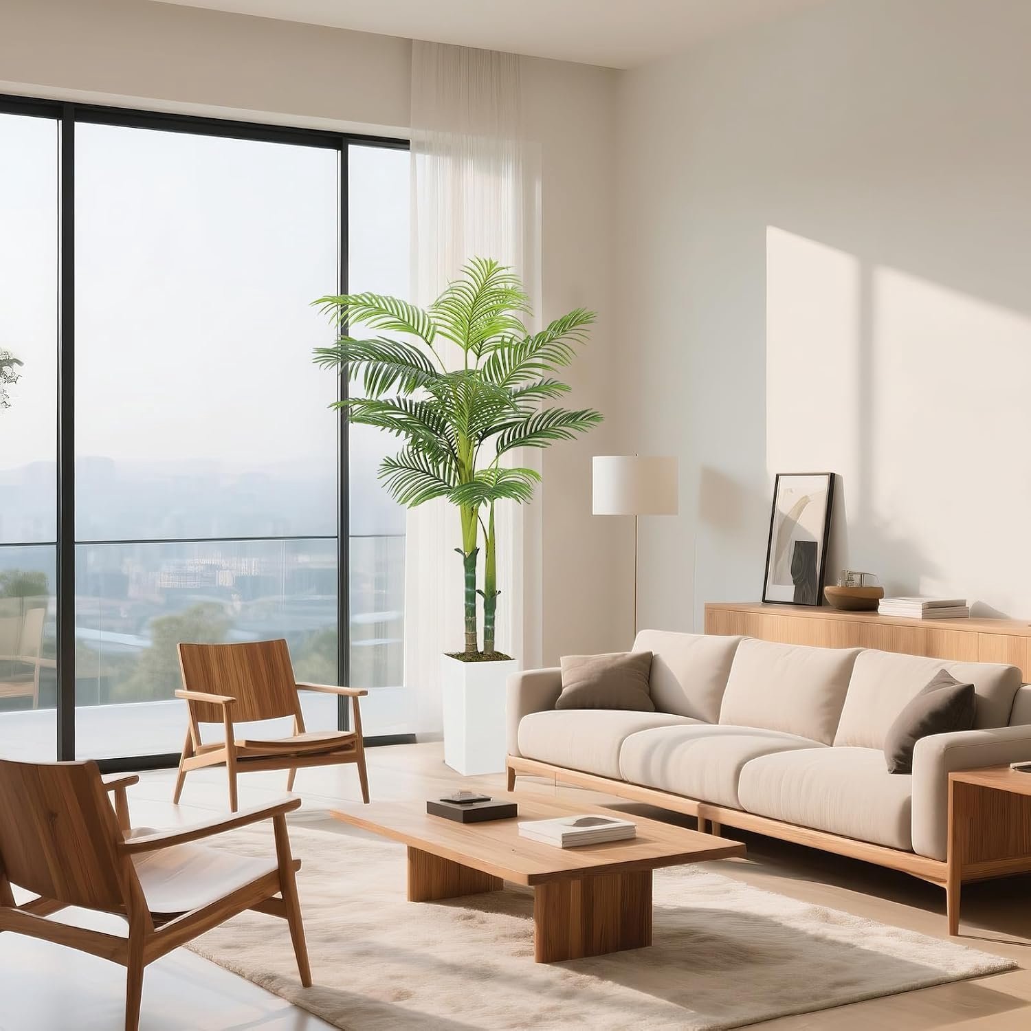 HOERFURIY Kunstpalm 150 cm in witte pot - Realistische nep palmboom met dubbele stam - Onderhoudsvrij voor interieur Groen